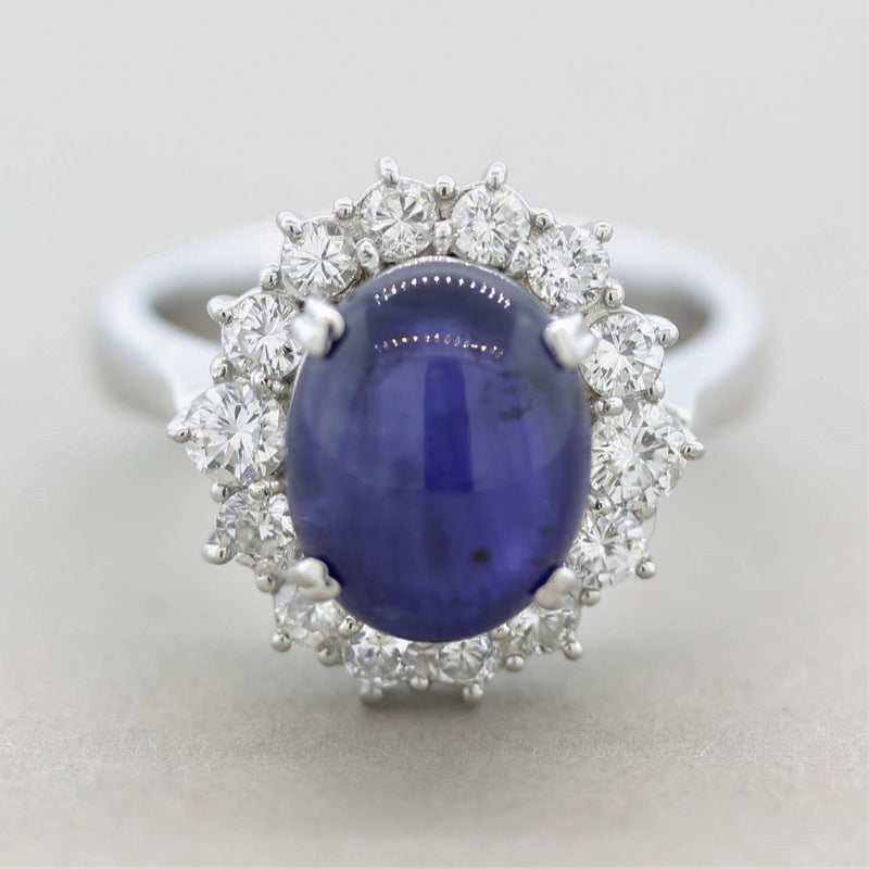 Cabochon Sapphire Diamond Halo Platinum Ring