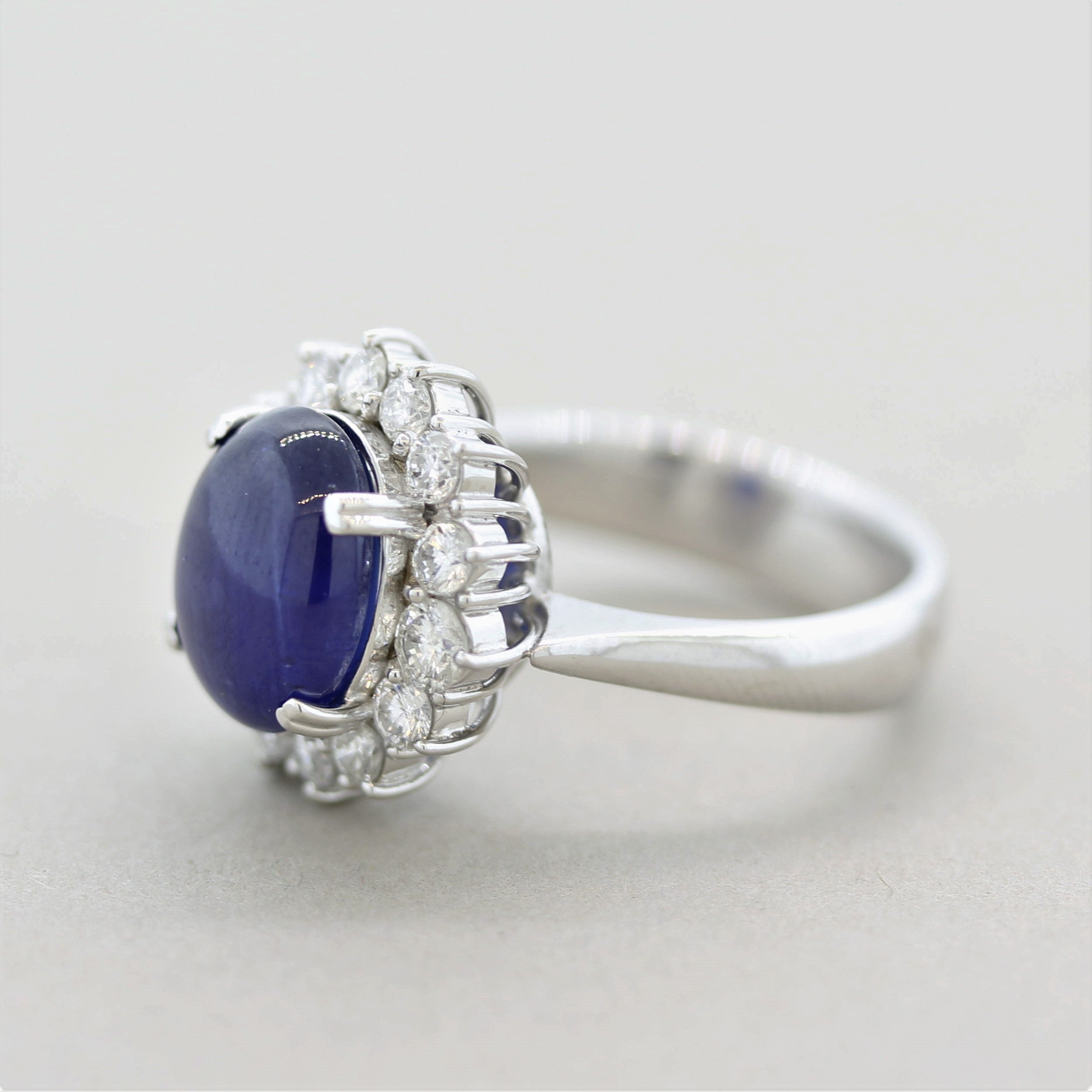 Cabochon Sapphire Diamond Halo Platinum Ring