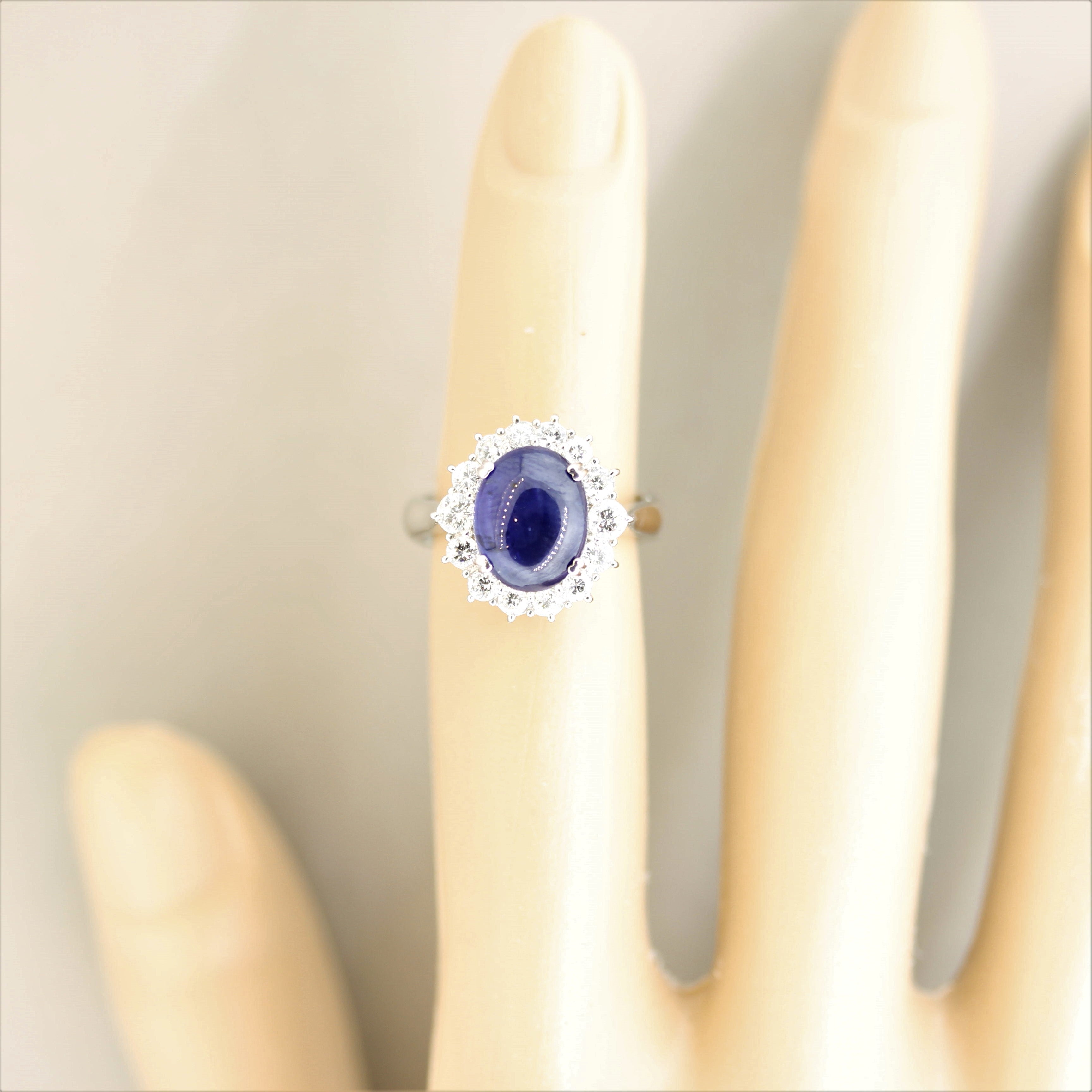 Cabochon Sapphire Diamond Halo Platinum Ring