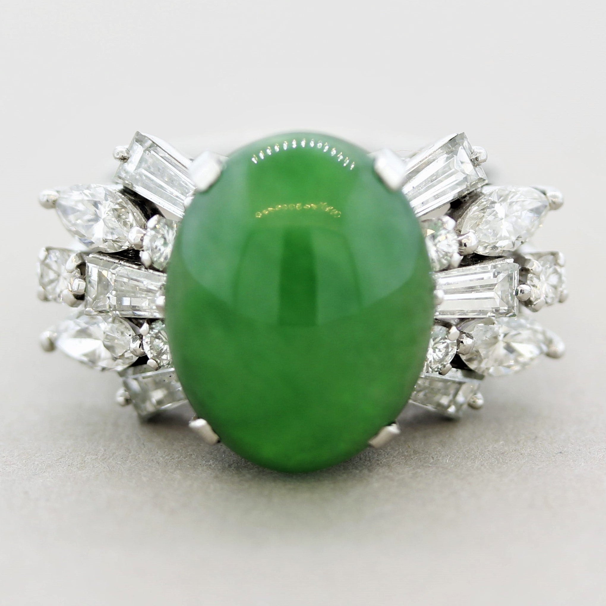 Jadeite Jade Diamond Spray Platinum Cocktail Ring, GIA Certified