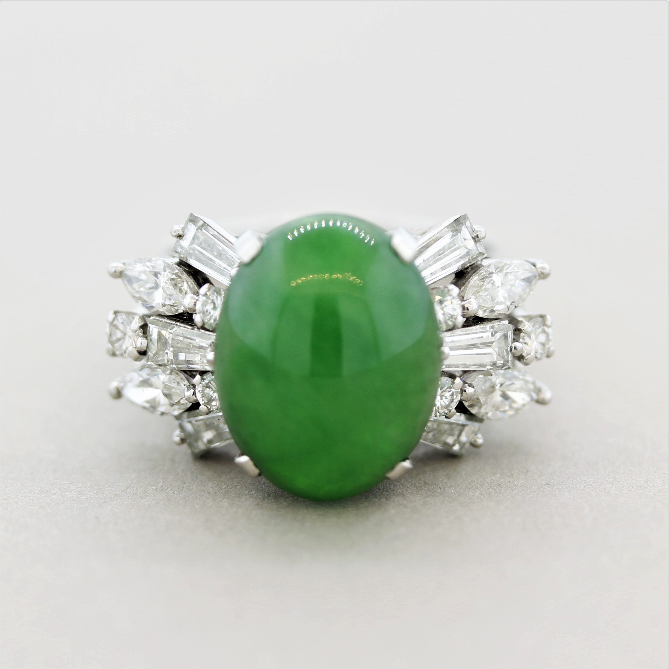 Jadeite Jade Diamond Spray Platinum Cocktail Ring, GIA Certified