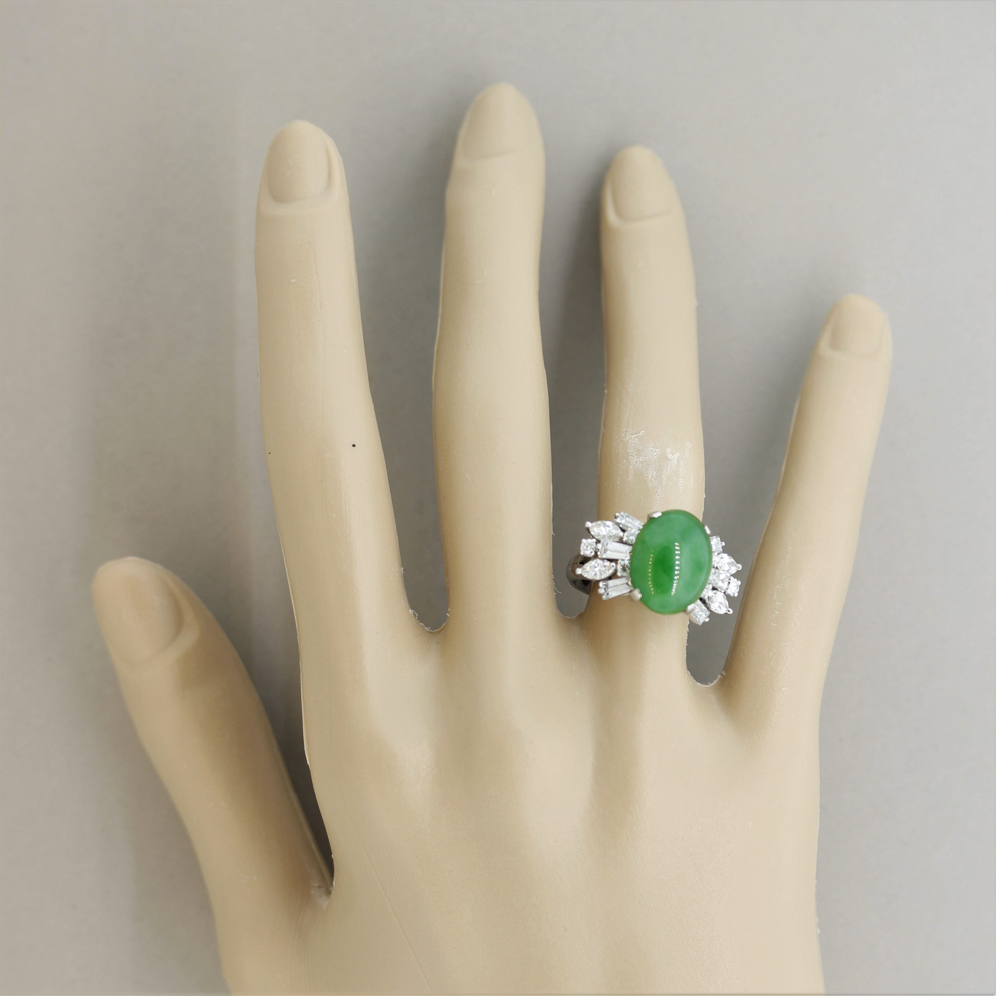 Jadeite Jade Diamond Spray Platinum Cocktail Ring, GIA Certified