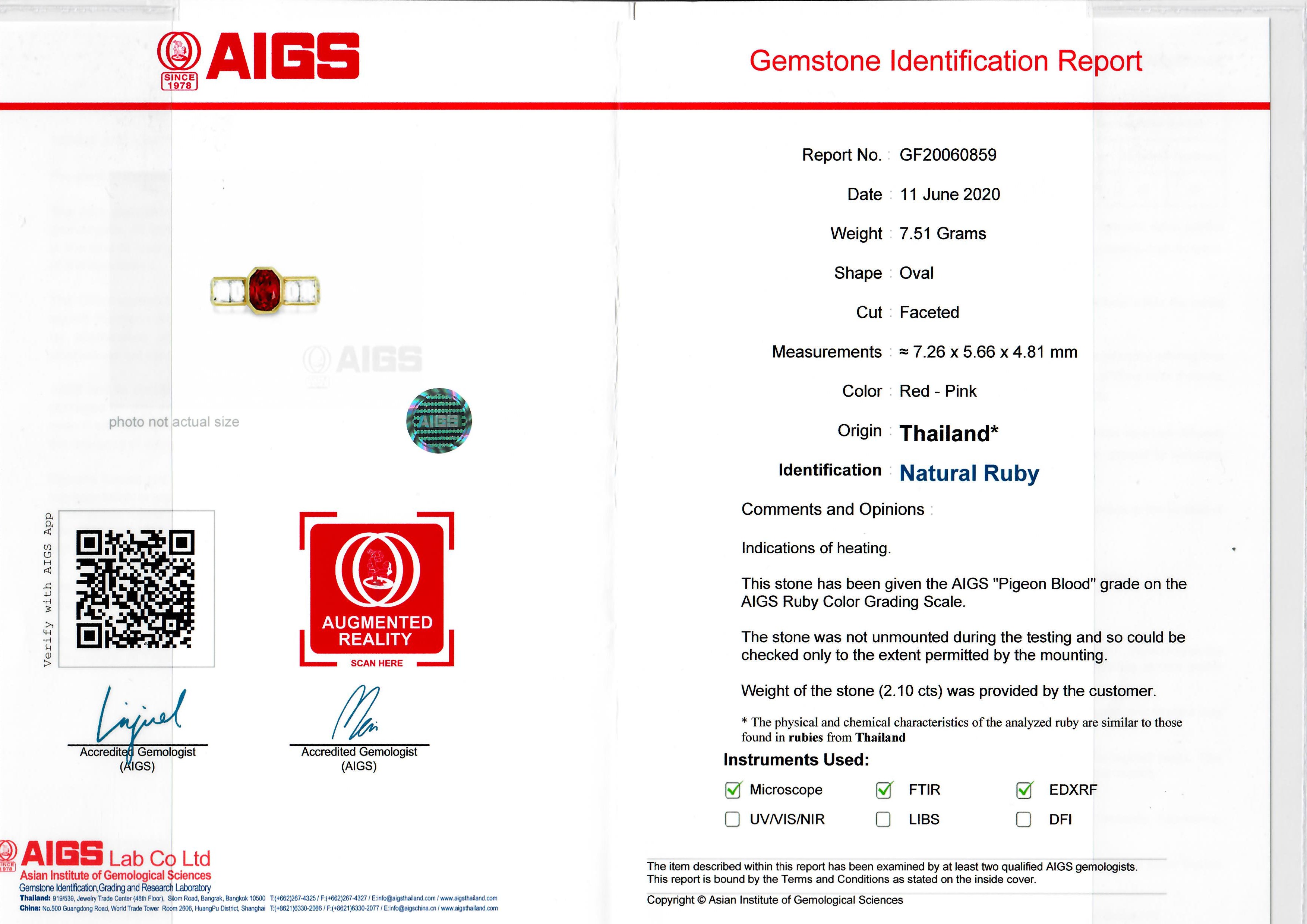 2.10 Carat Unheated Ruby Diamond Gold Ring, AIGS Certified