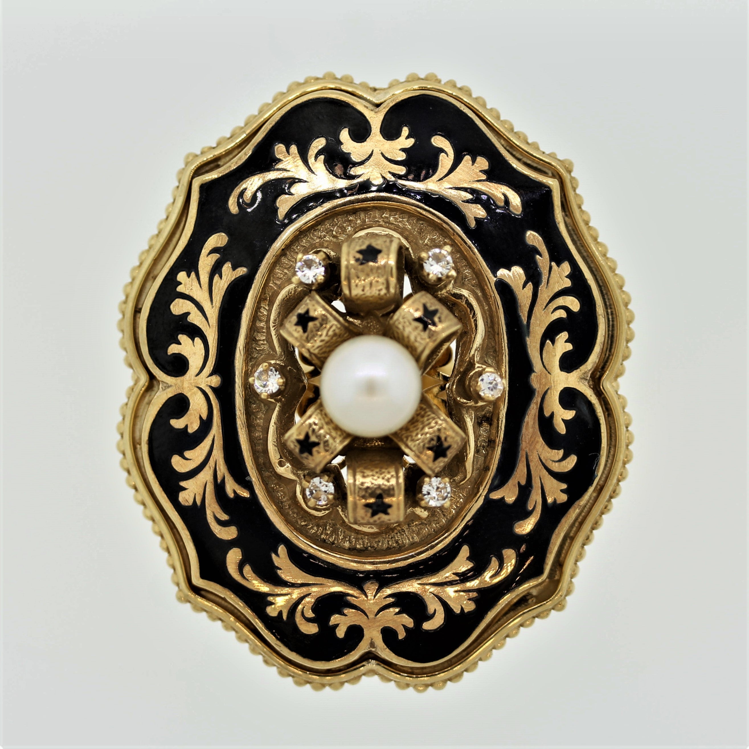 Victorian Antique-Style Diamond Pearl Enamel Gold Cocktail Ring