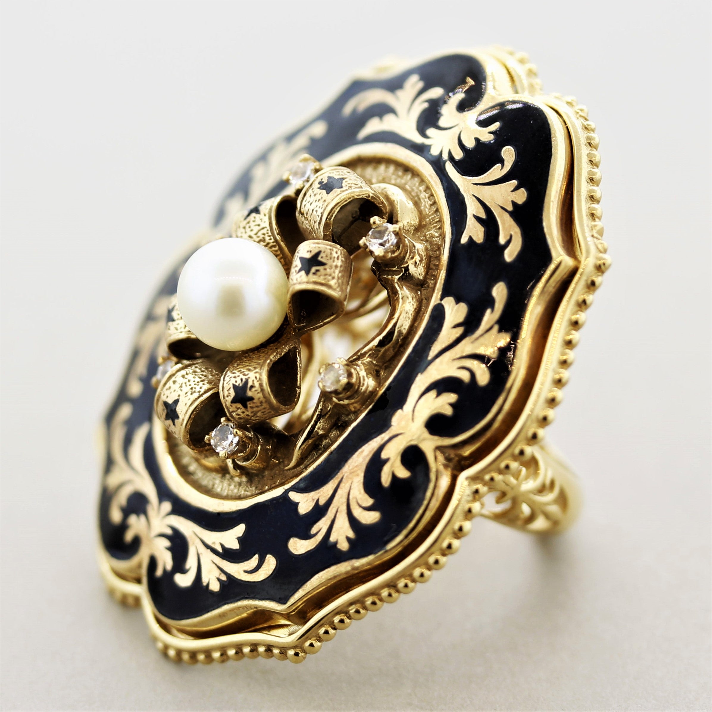 Victorian Antique-Style Diamond Pearl Enamel Gold Cocktail Ring