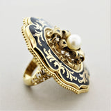 Victorian Antique-Style Diamond Pearl Enamel Gold Cocktail Ring