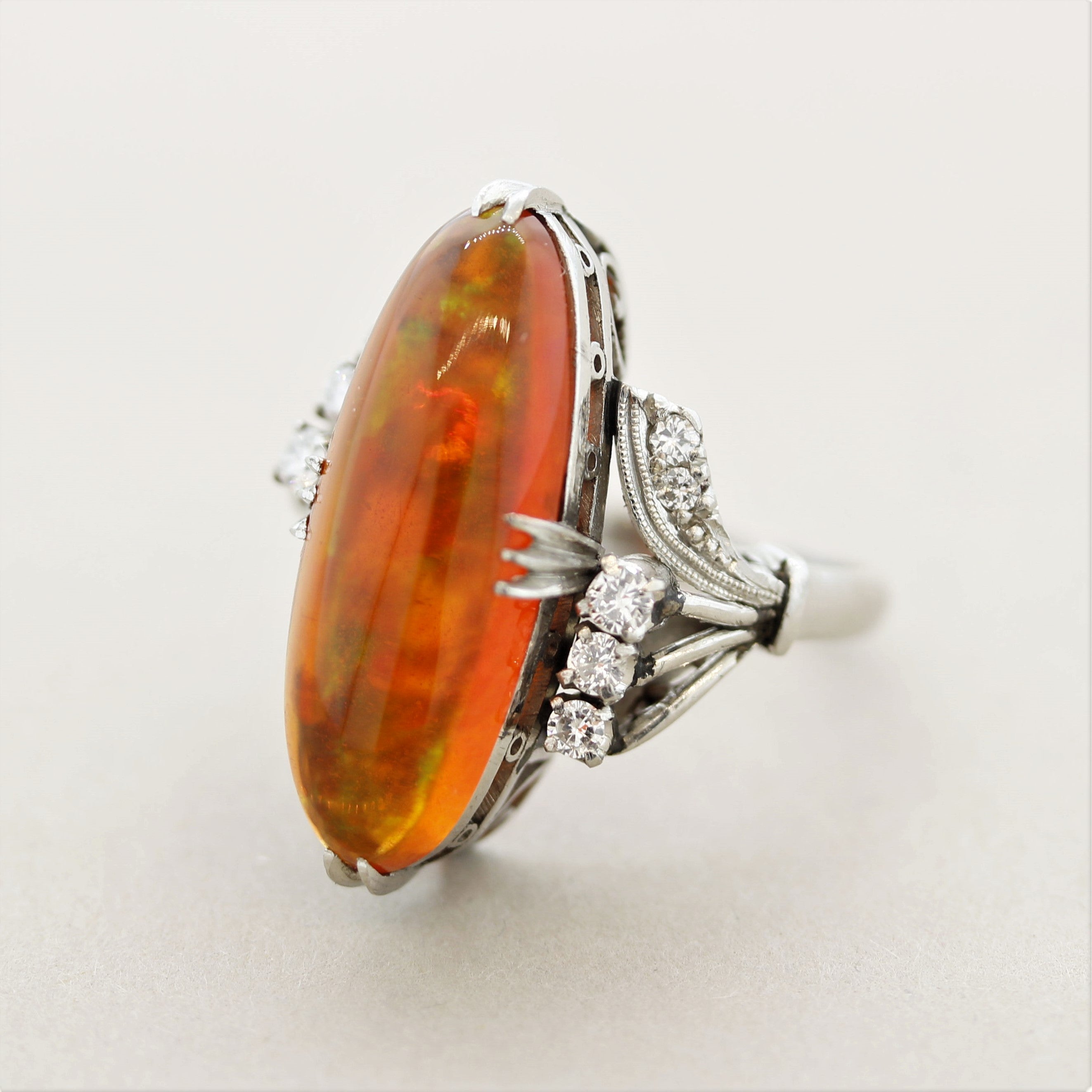 Superb Mexican Fire Opal Diamond Platinum Ring