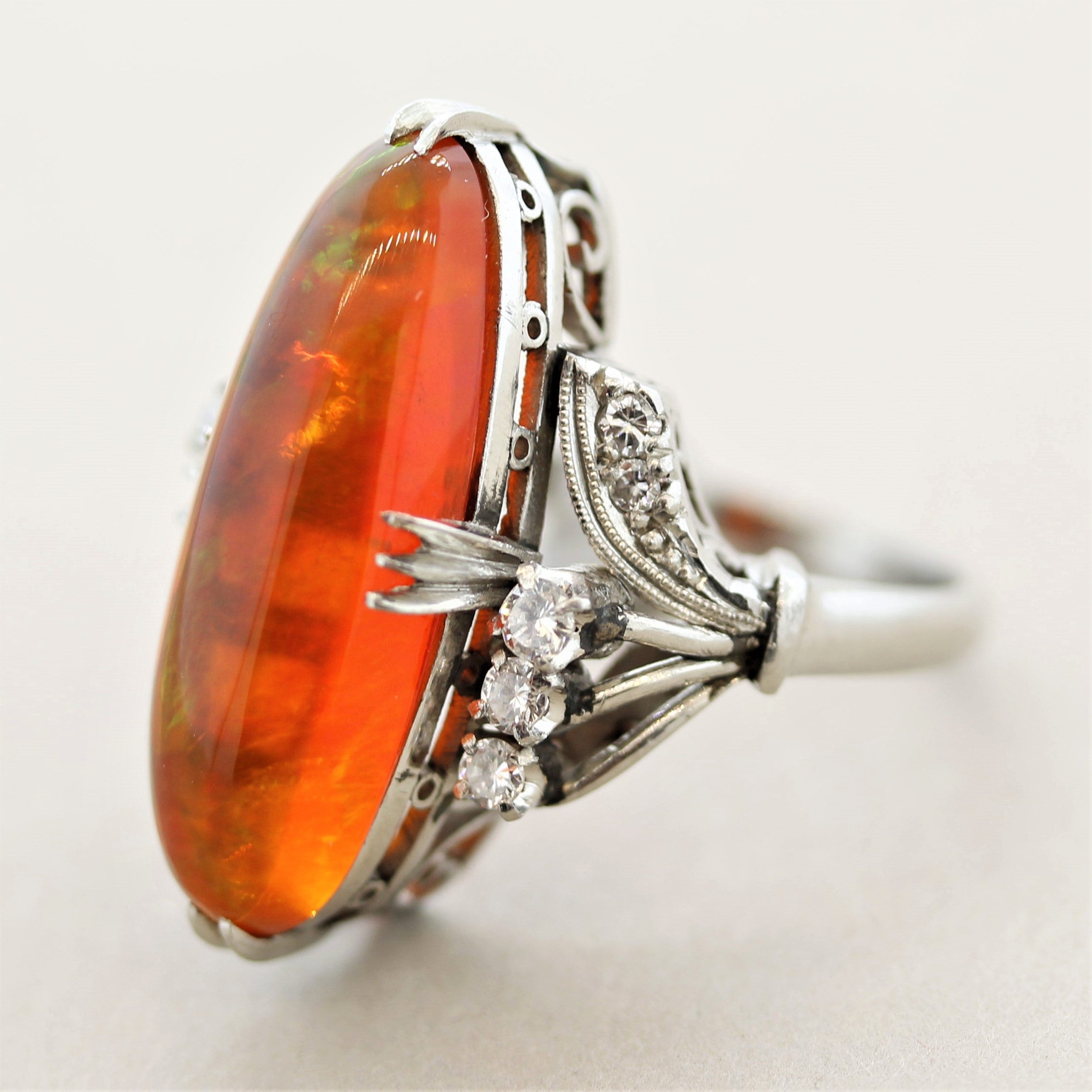 Superb Mexican Fire Opal Diamond Platinum Ring