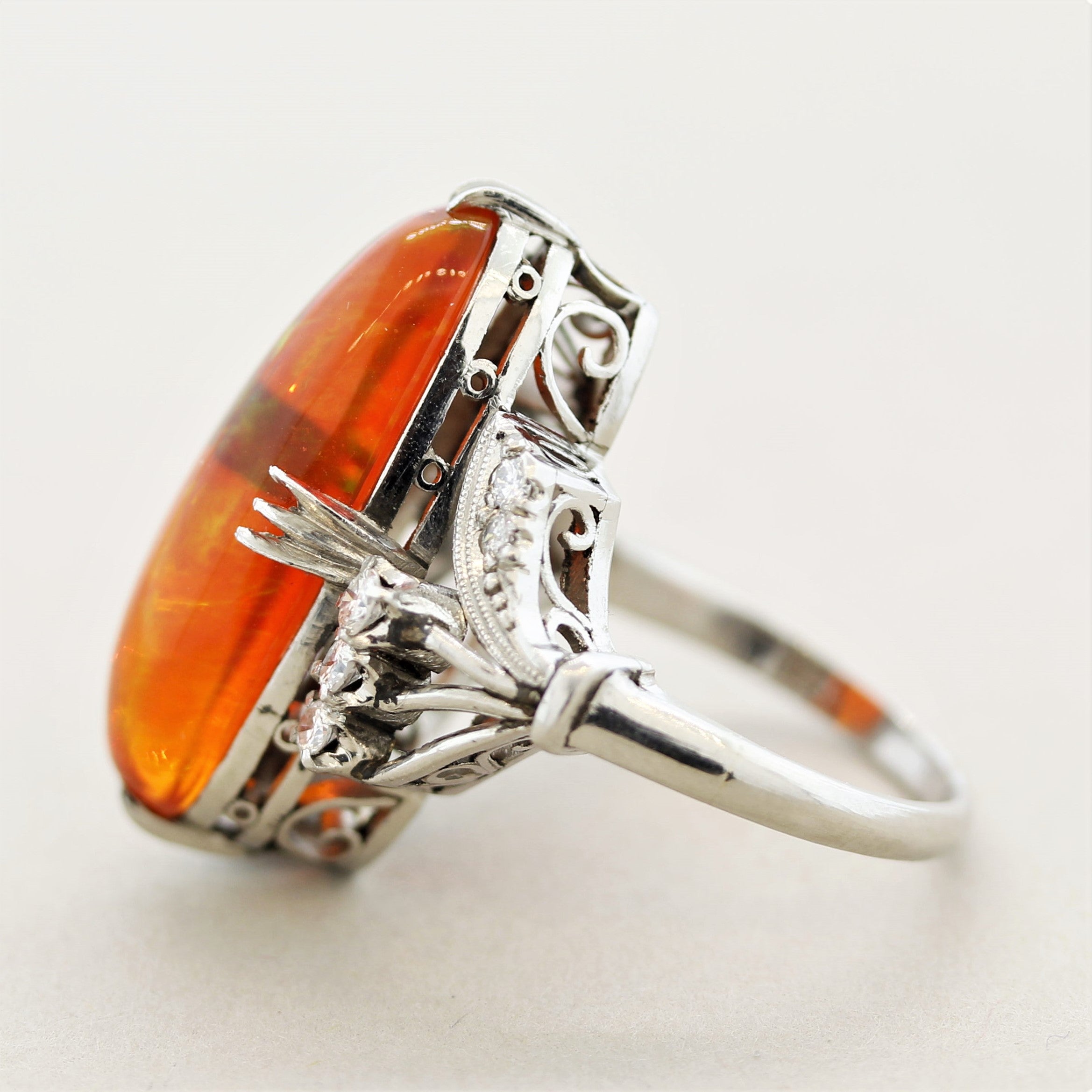 Superb Mexican Fire Opal Diamond Platinum Ring