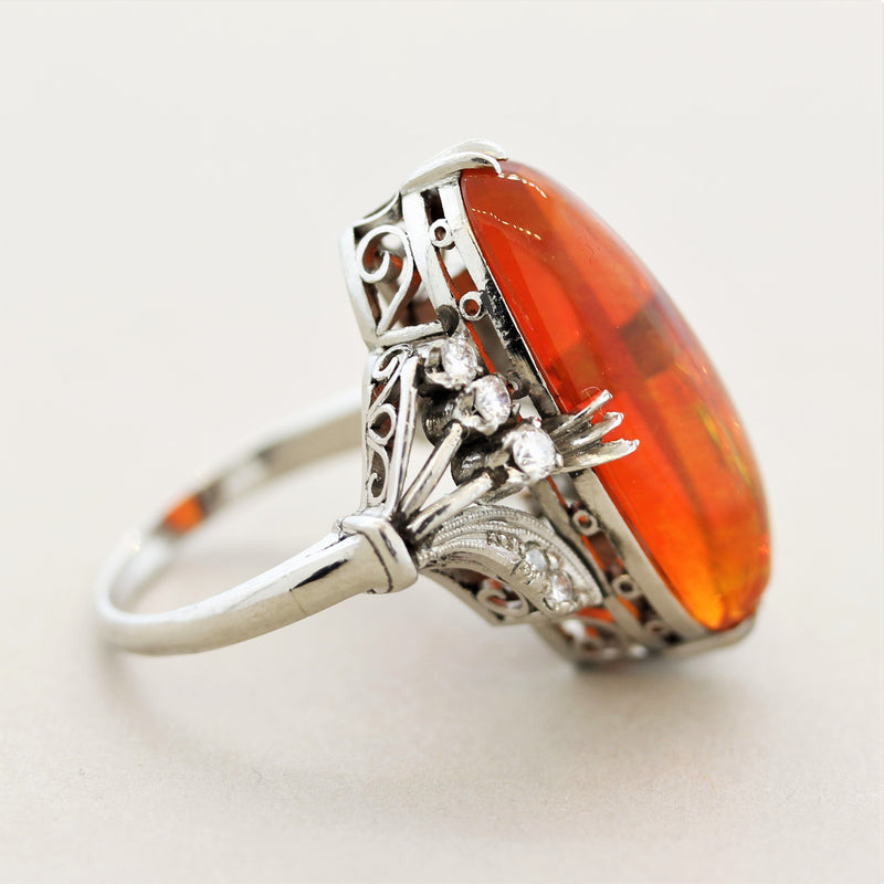 Superb Mexican Fire Opal Diamond Platinum Ring