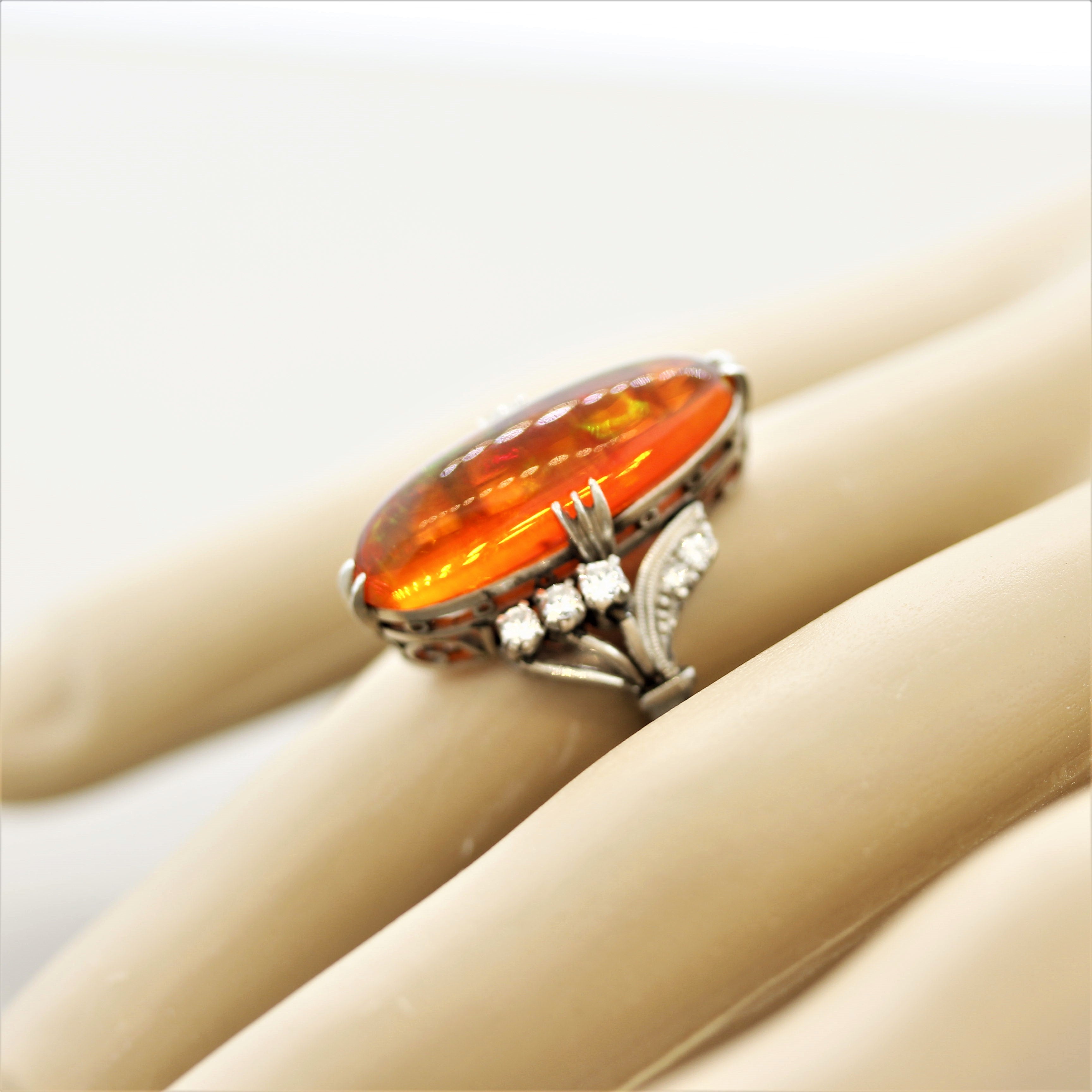 Superb Mexican Fire Opal Diamond Platinum Ring