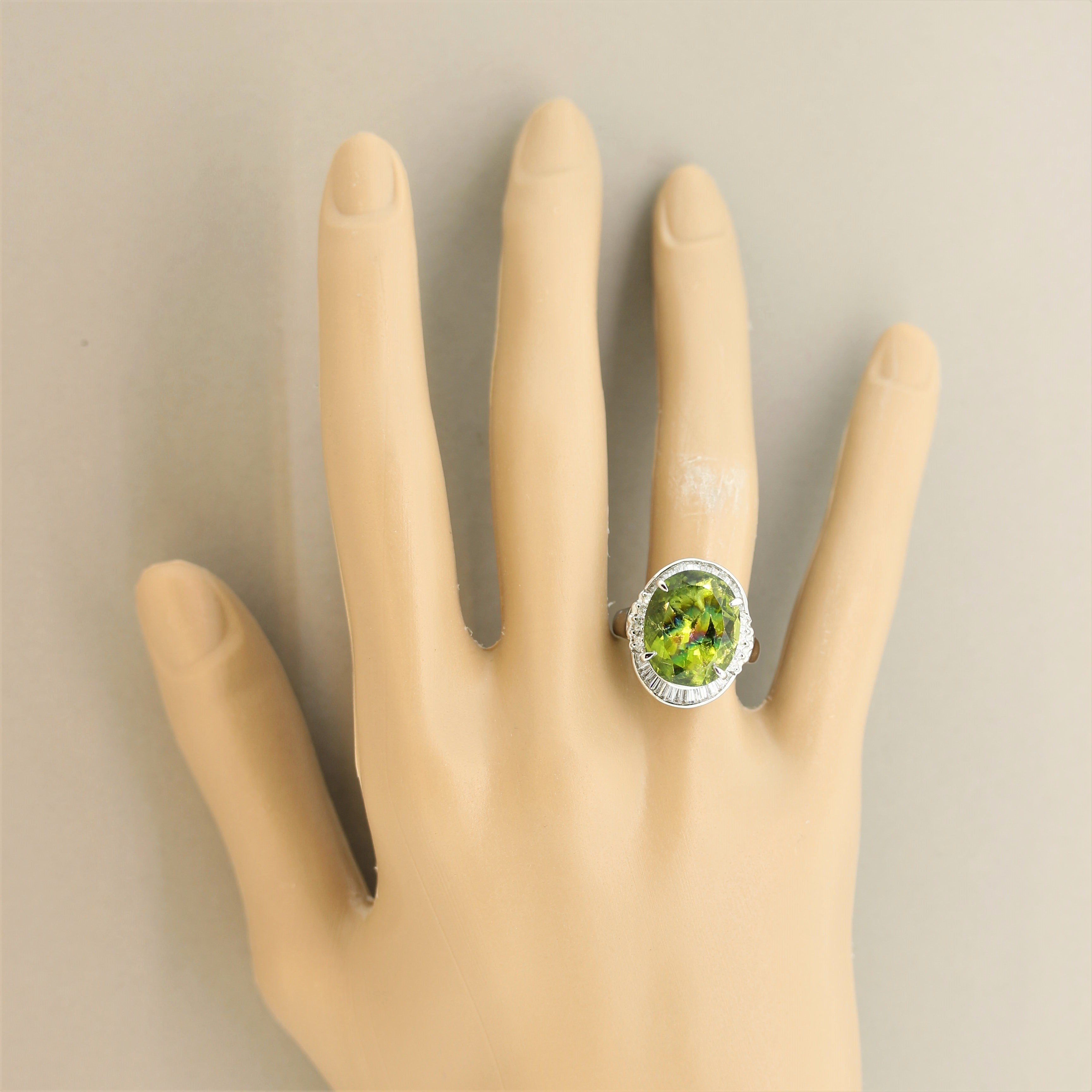 “Rainbow” Peridot Diamond Platinum Cocktail Ring