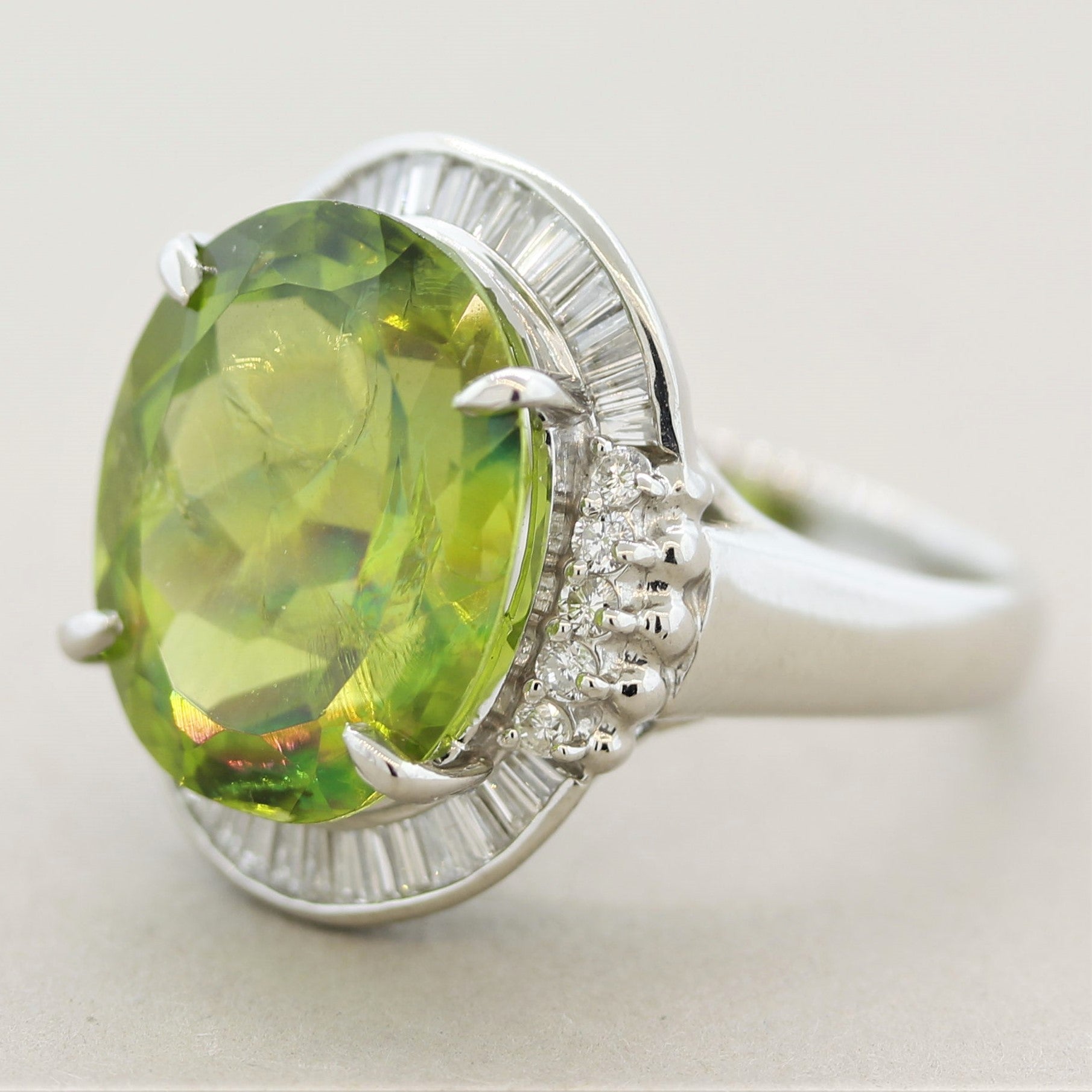 “Rainbow” Peridot Diamond Platinum Cocktail Ring