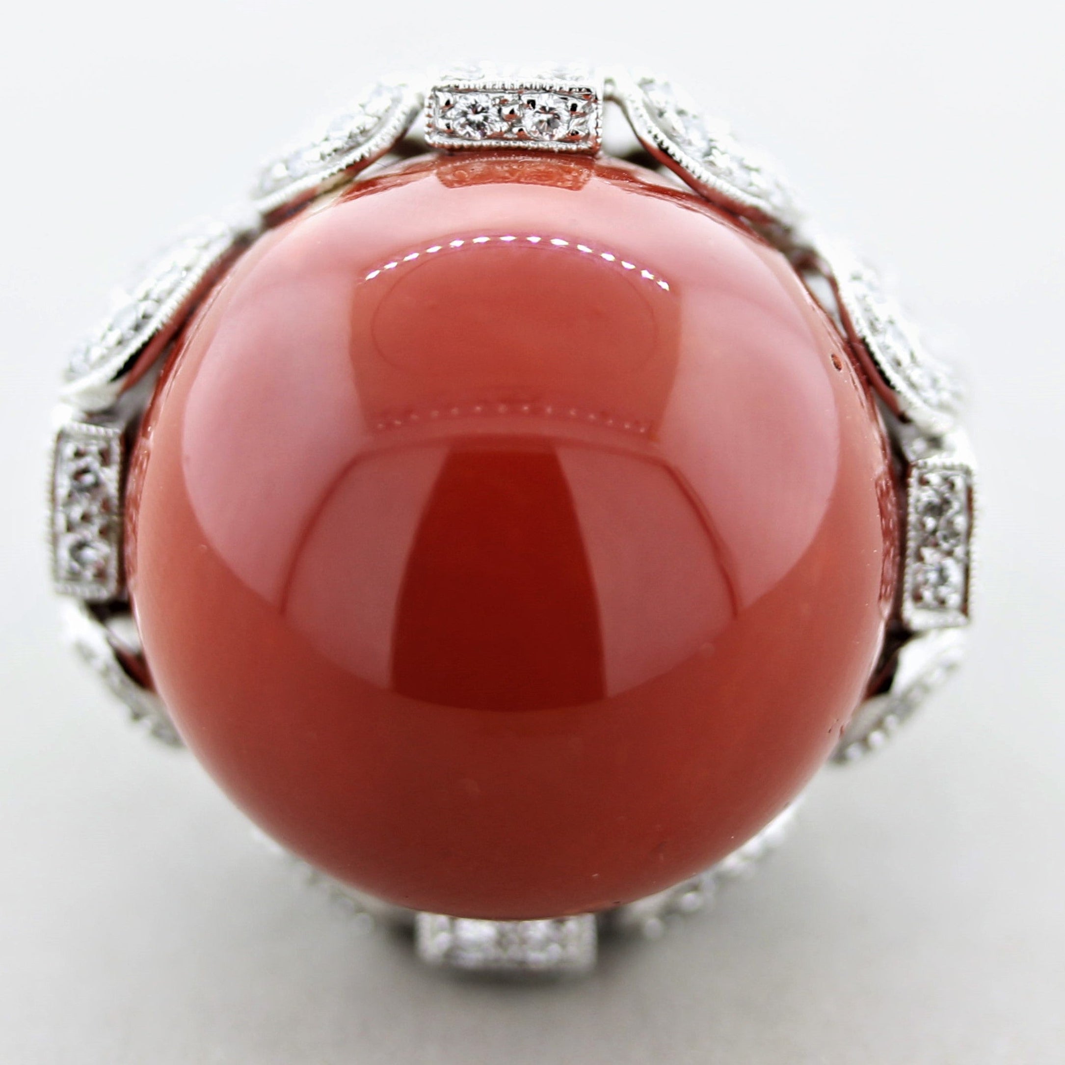 Important Coral Diamond Platinum Cocktail Ring