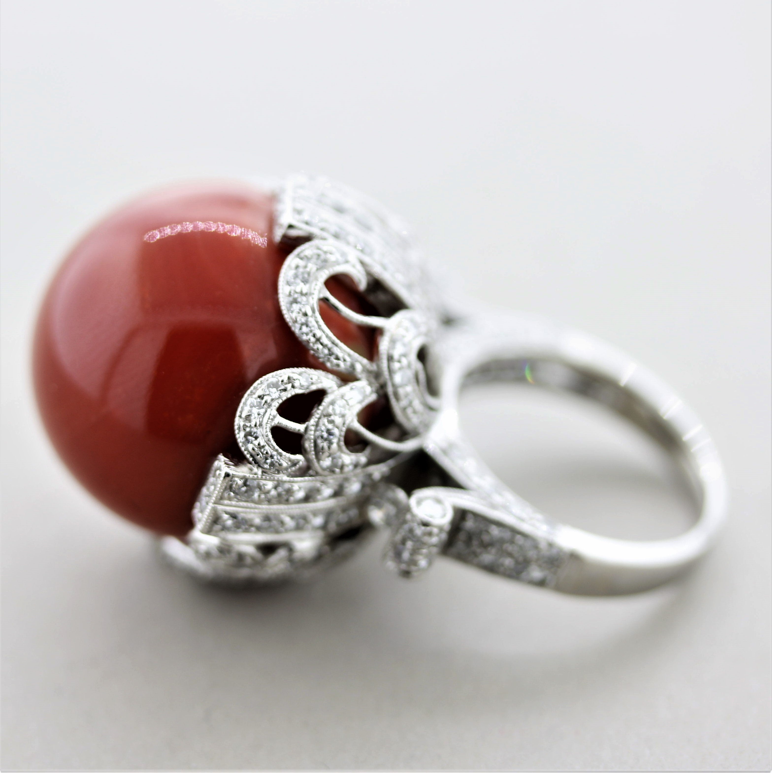 Important Coral Diamond Platinum Cocktail Ring