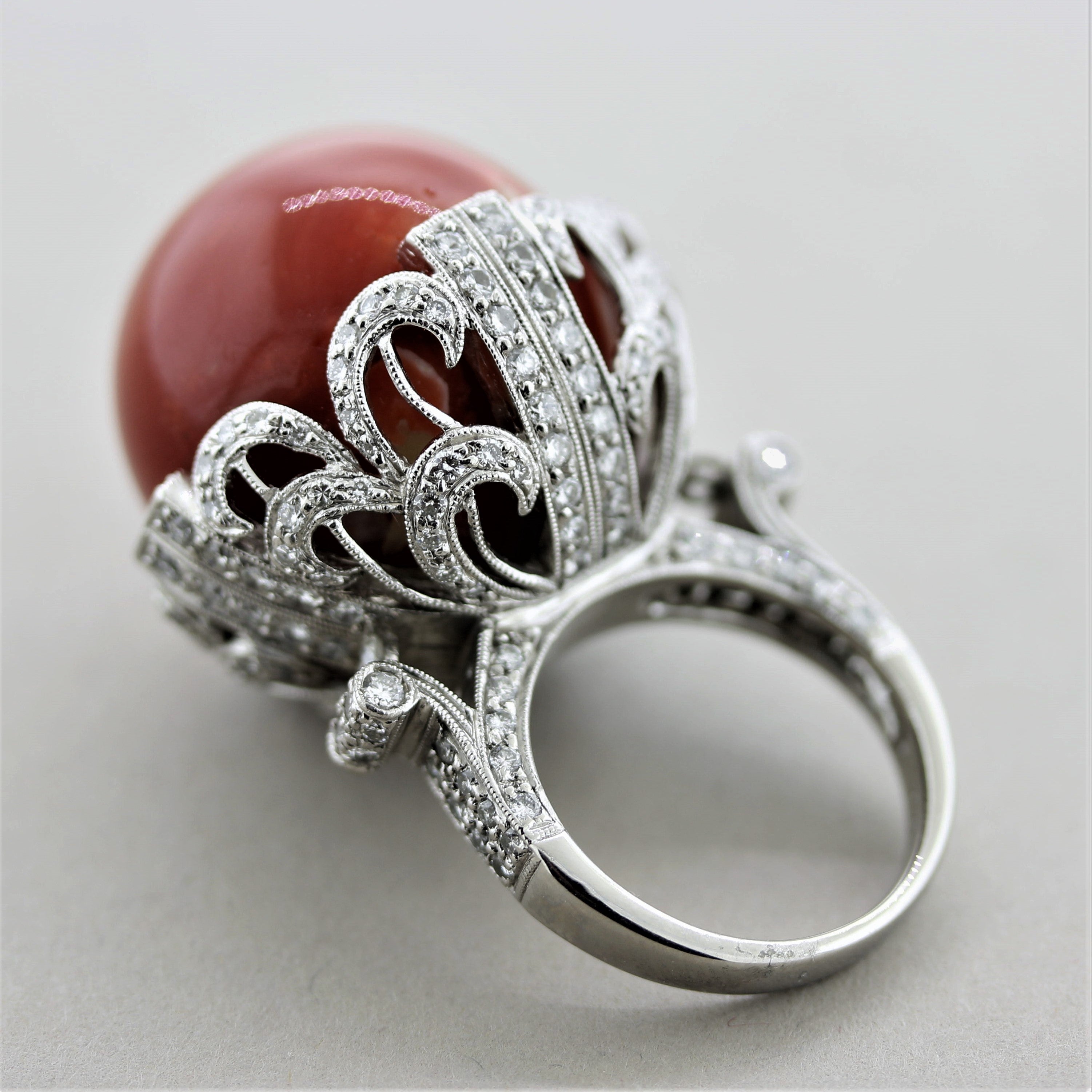 Important Coral Diamond Platinum Cocktail Ring