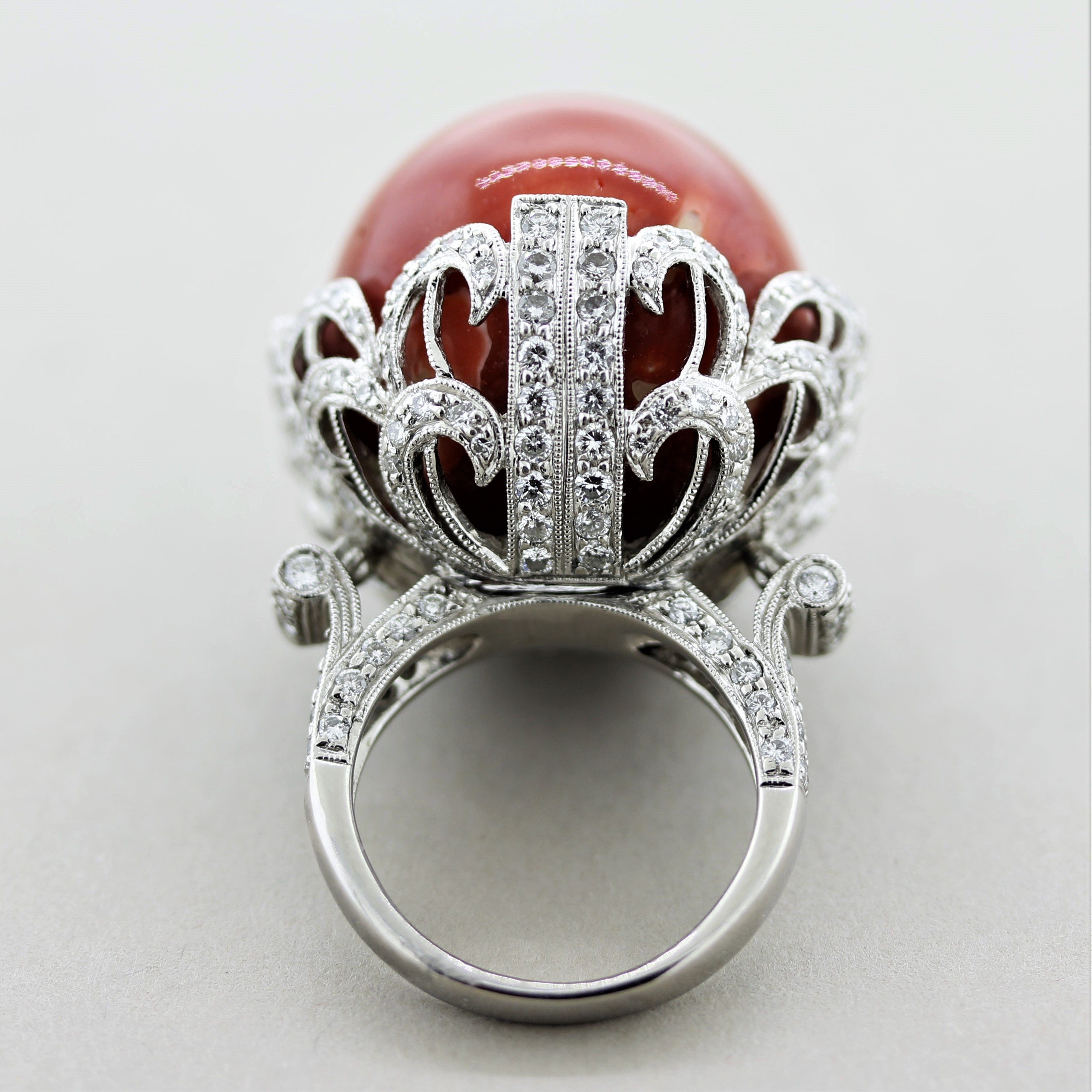 Important Coral Diamond Platinum Cocktail Ring