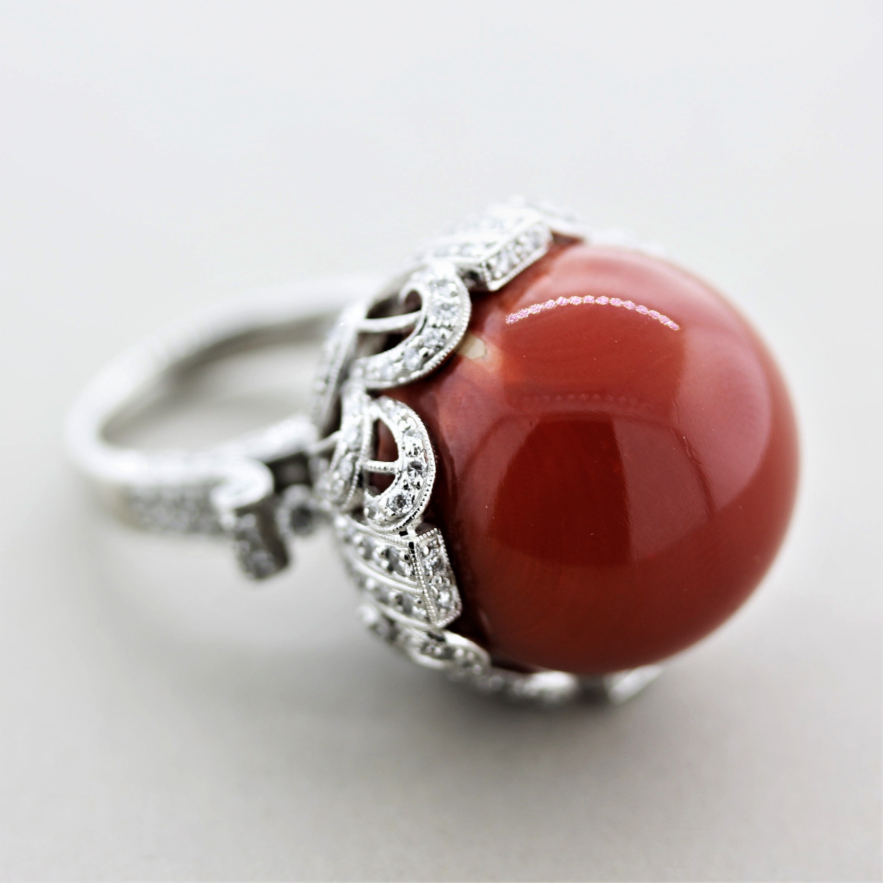 Important Coral Diamond Platinum Cocktail Ring