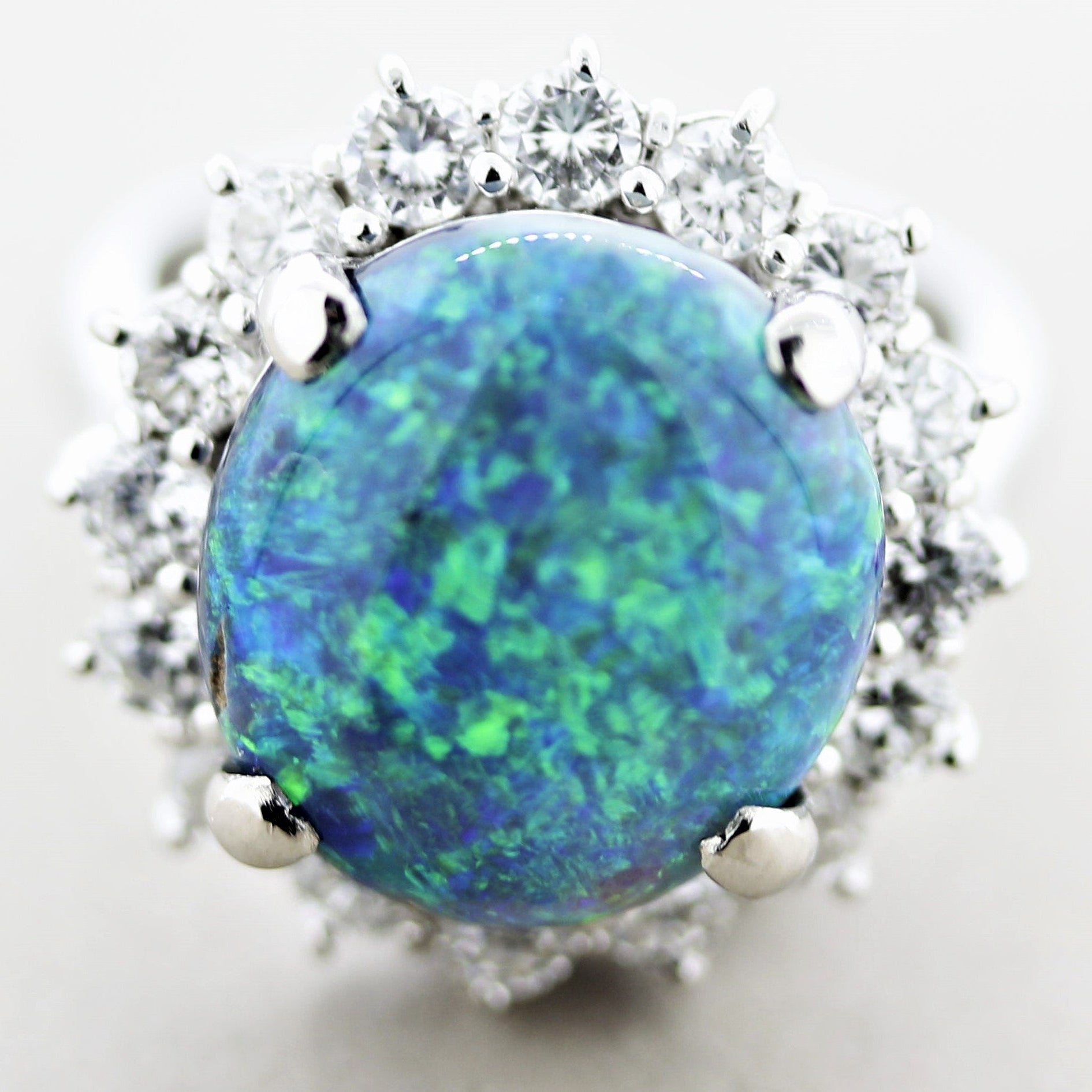 Blue-Green Australian Opal Diamond Halo Platinum Ring