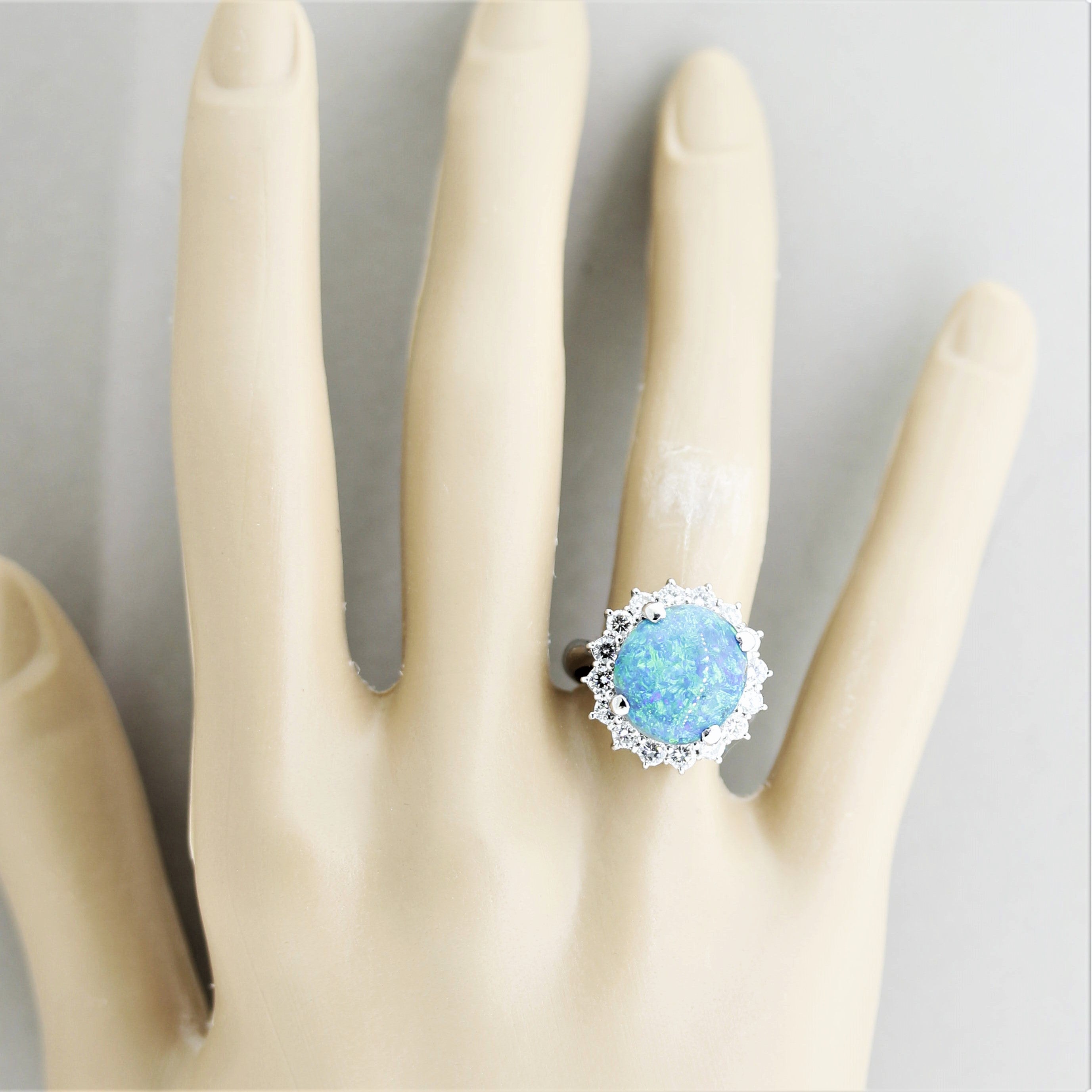 Blue-Green Australian Opal Diamond Halo Platinum Ring