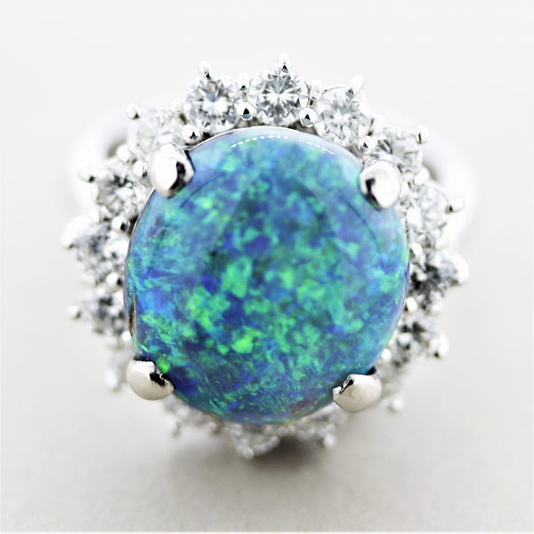 Blue-Green Australian Opal Diamond Halo Platinum Ring