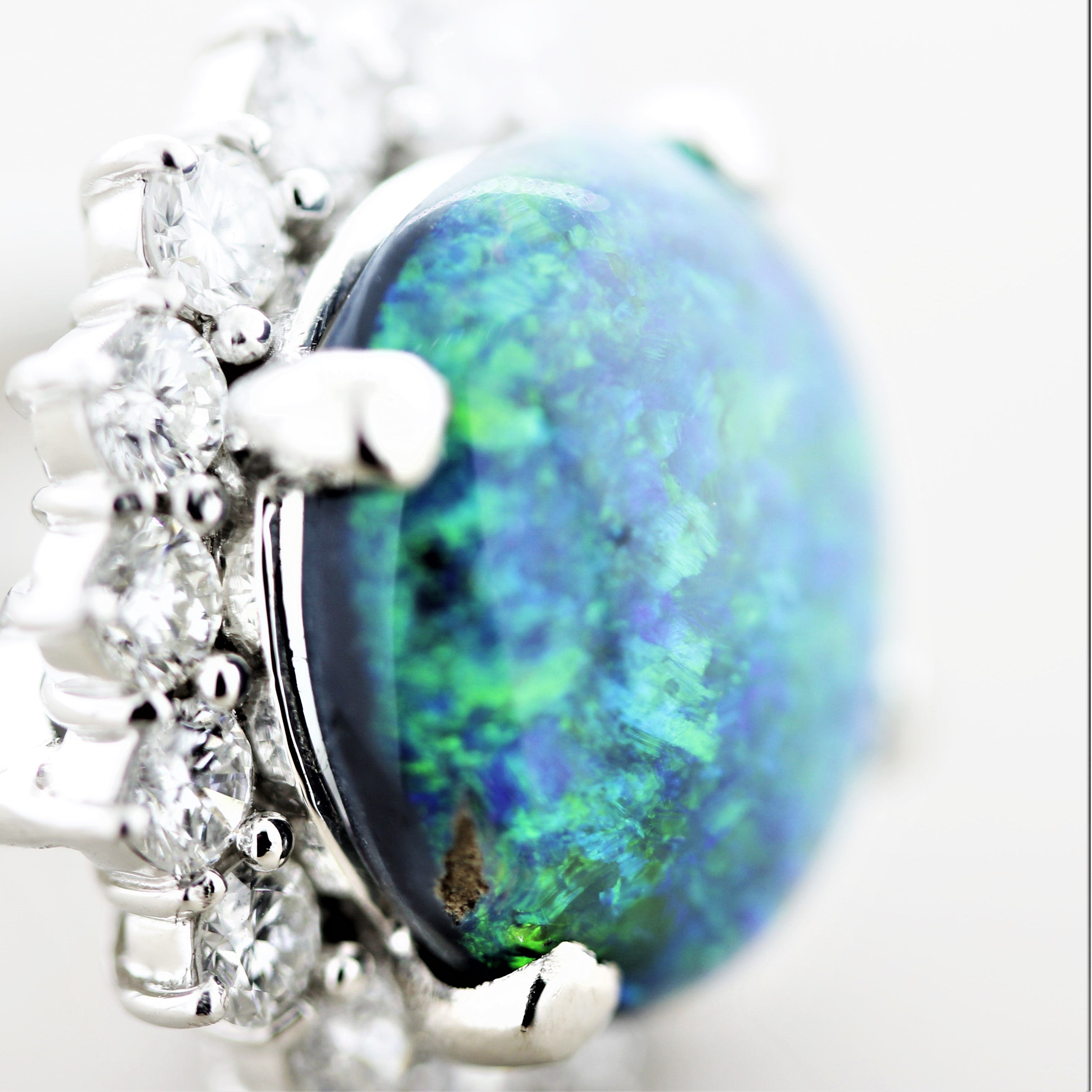 Blue-Green Australian Opal Diamond Halo Platinum Ring