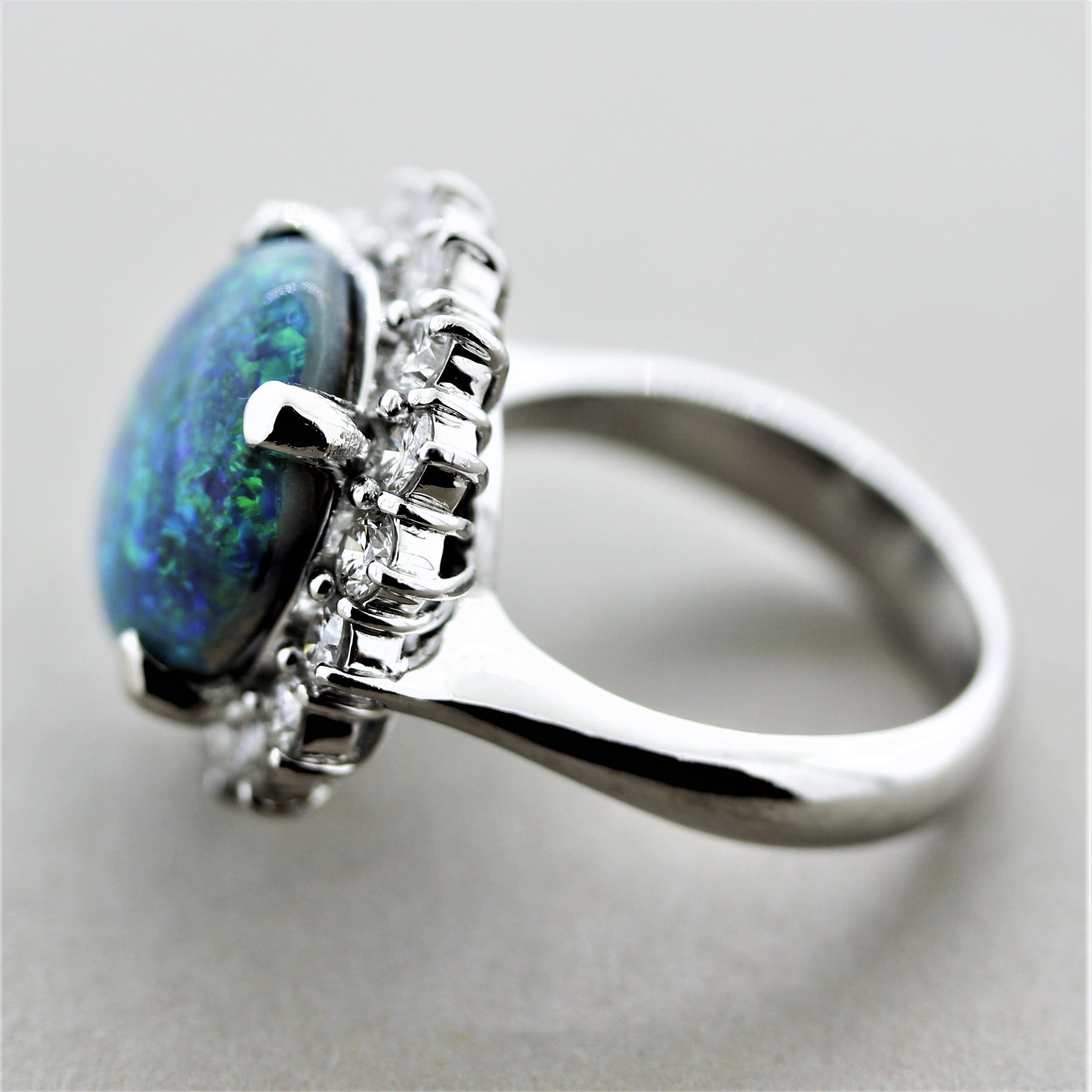 Blue-Green Australian Opal Diamond Halo Platinum Ring