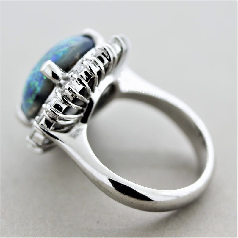 Blue-Green Australian Opal Diamond Halo Platinum Ring