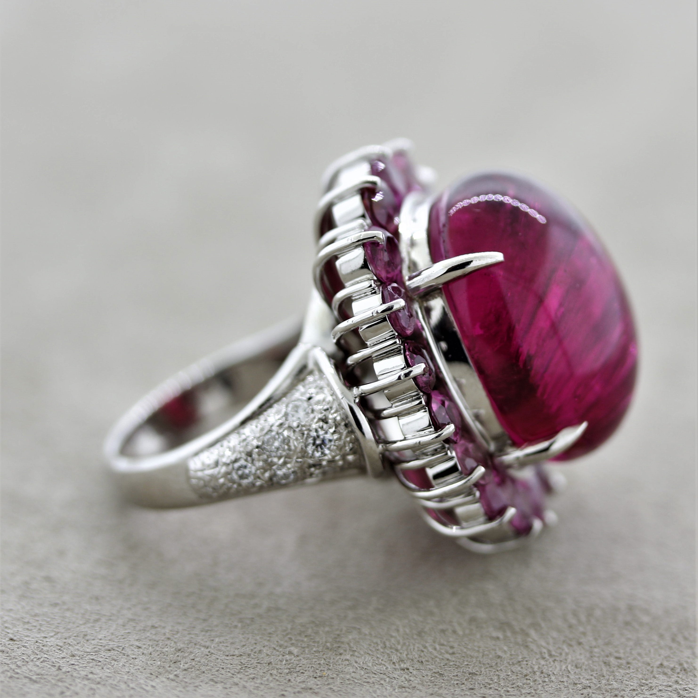 Cats Eye Rubellite Tourmaline Diamond Platinum Cocktail Ring