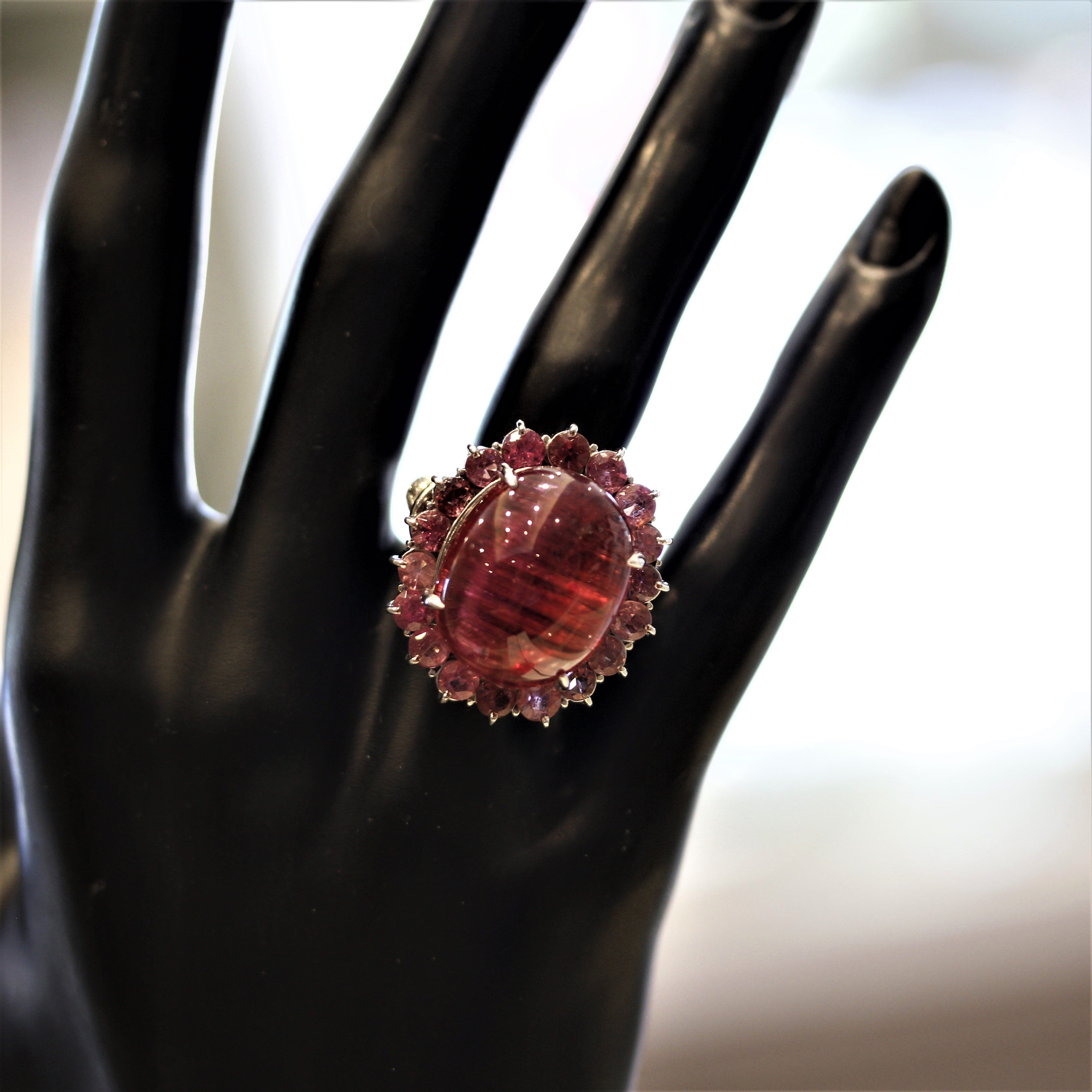 Cats Eye Rubellite Tourmaline Diamond Platinum Cocktail Ring