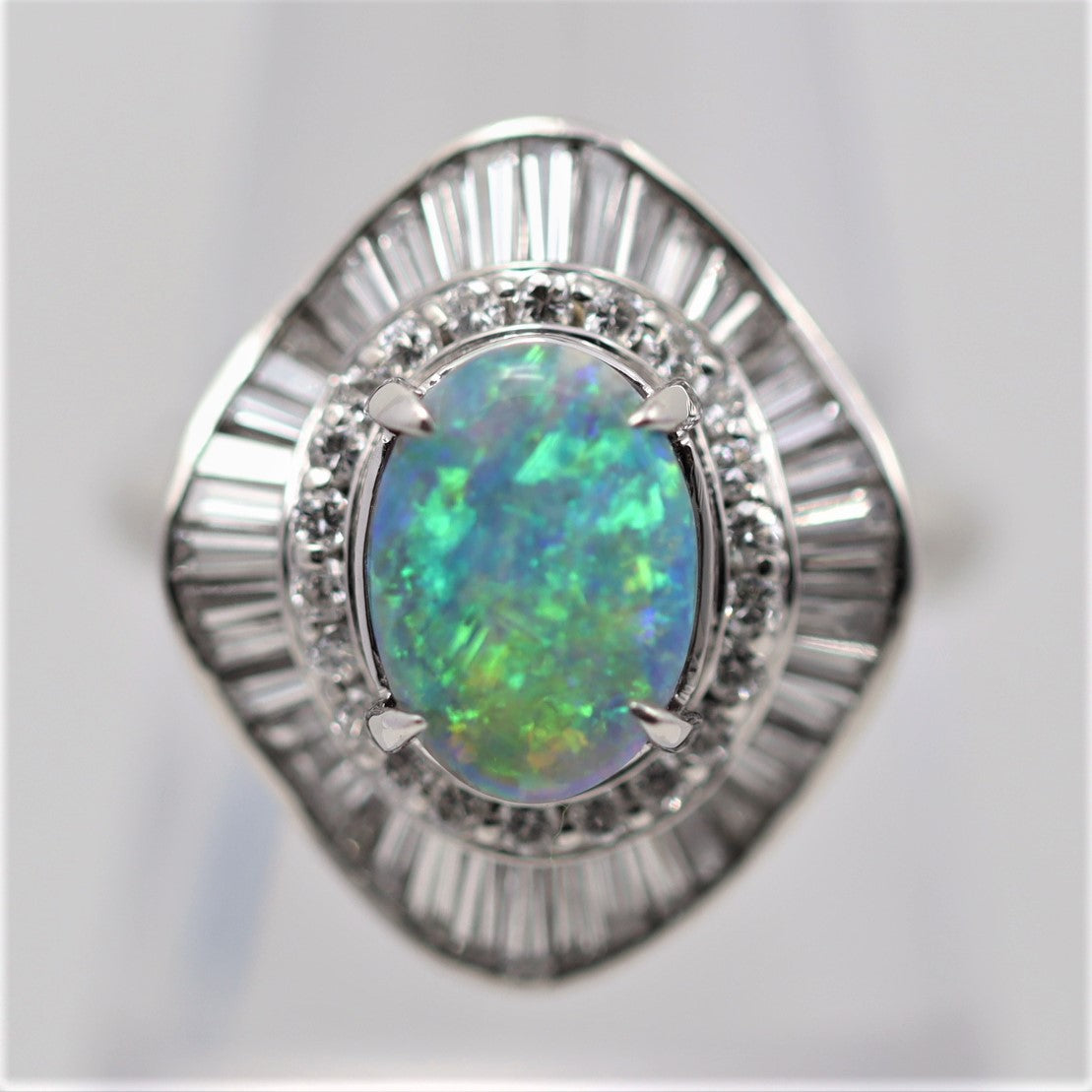 Australian Black Opal Diamond Platinum Ballerina Ring