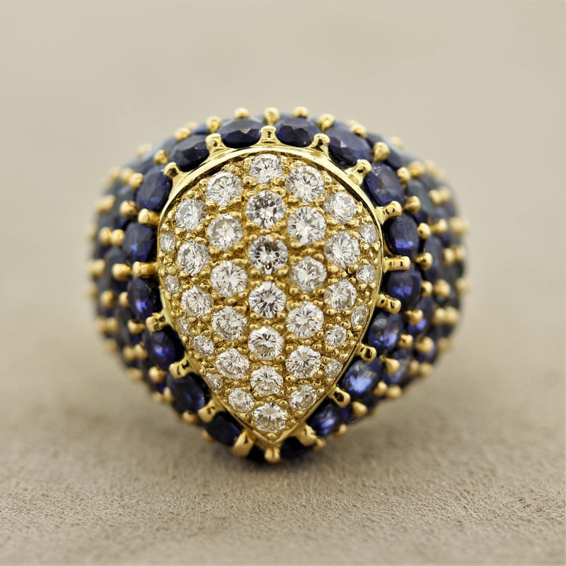 French Estate Diamond Sapphire Domed Gold Cocktail Ring