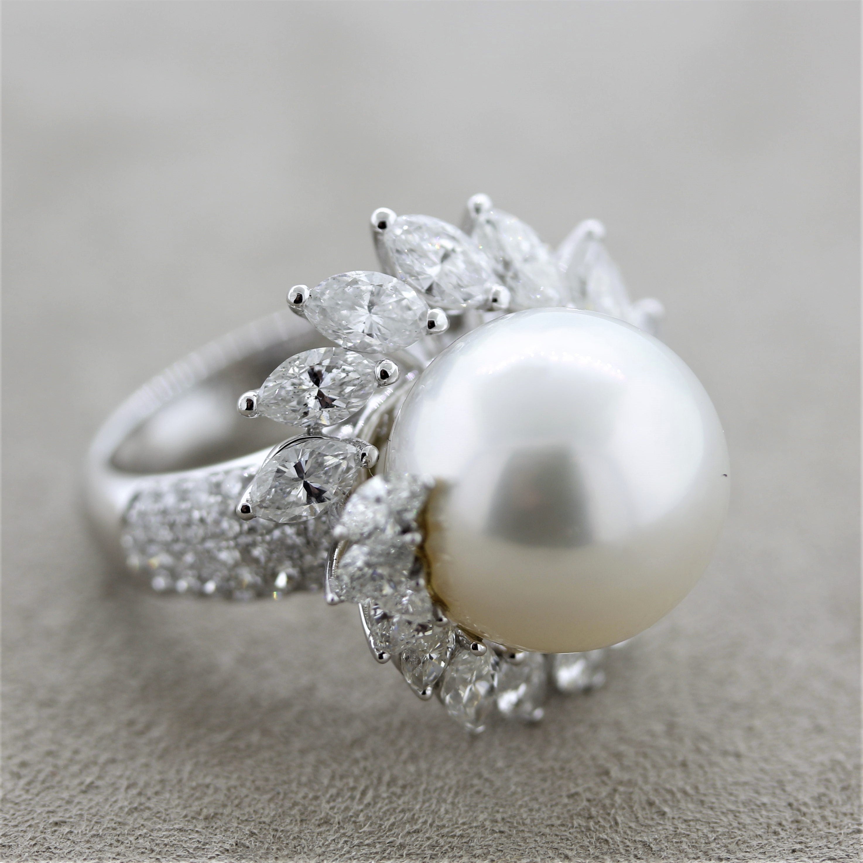 South Sea Pearl Diamond Swirl Gold Cocktail Ring