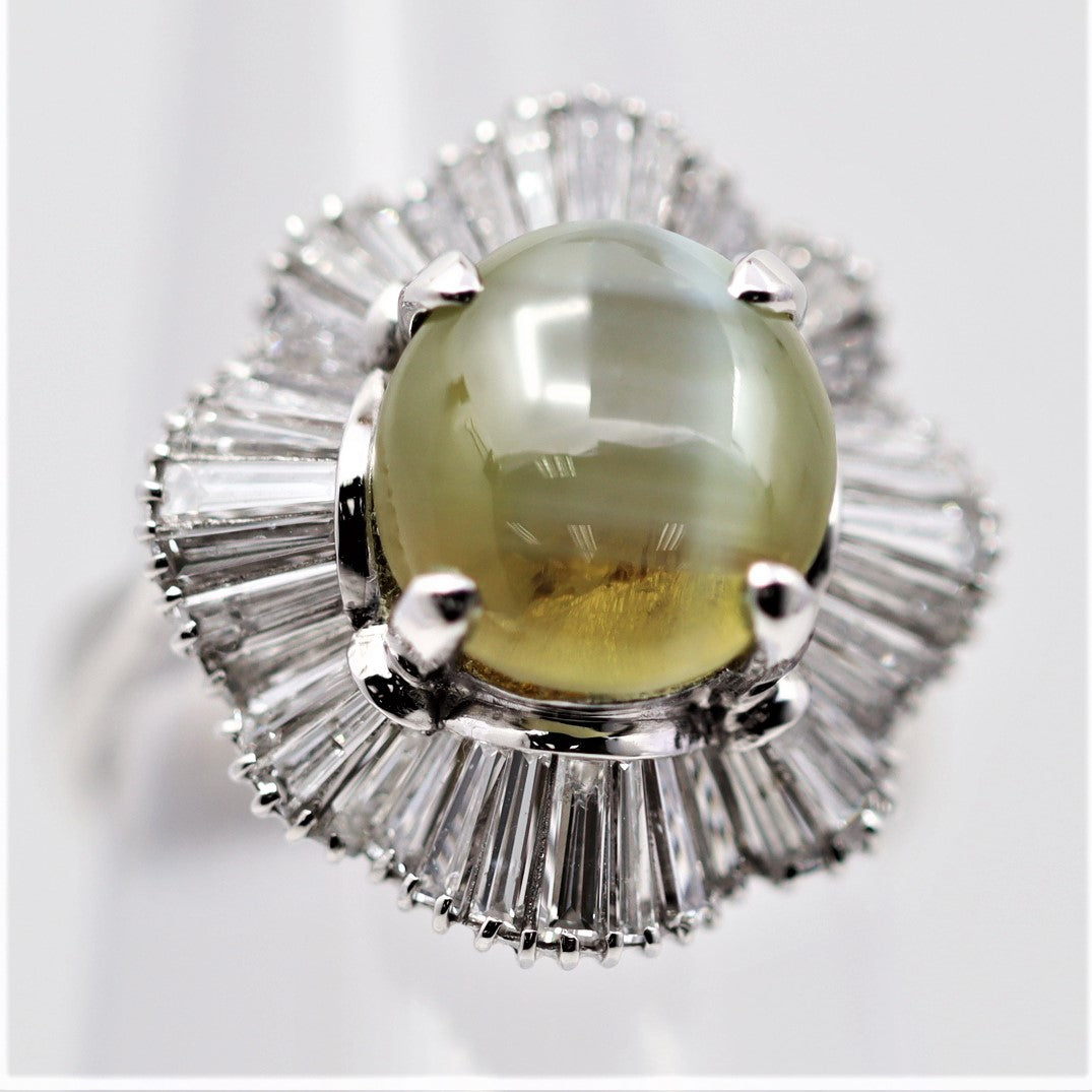 Cats Eye Chrysoberyl Diamond Platinum Floral-Ballerina Ring