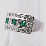 Wide Diamond Emerald Platinum Band Ring