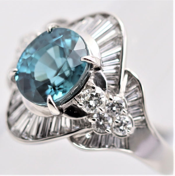 Blue Zircon Diamond Platinum Ring