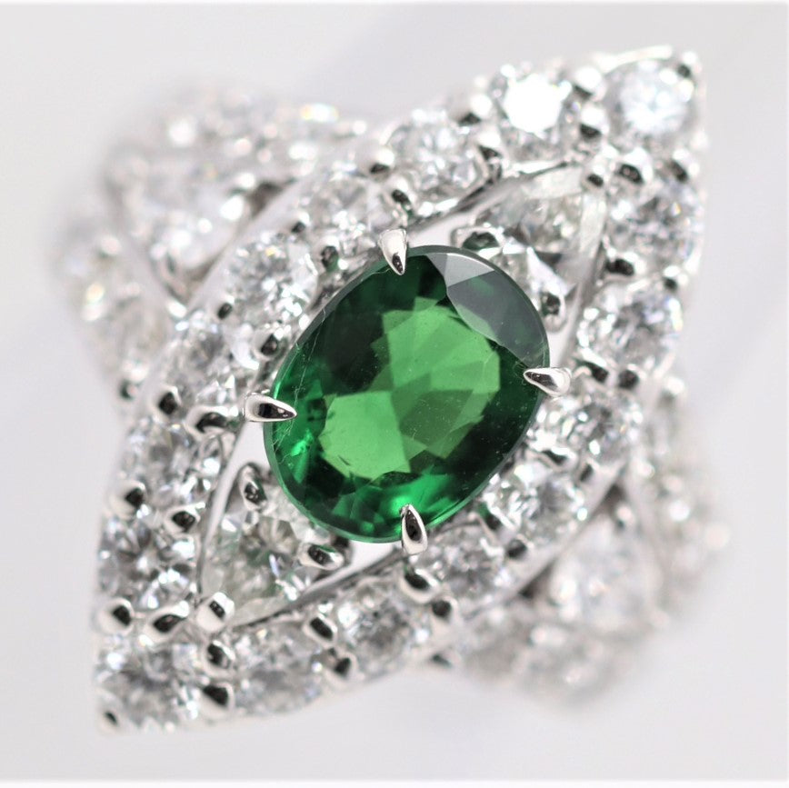 Tsavorite Diamond Platinum Navette-Style Ring