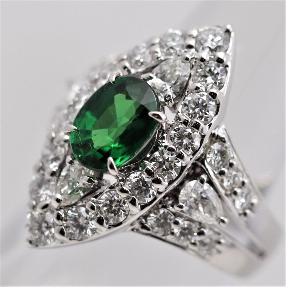 Tsavorite Diamond Platinum Navette-Style Ring