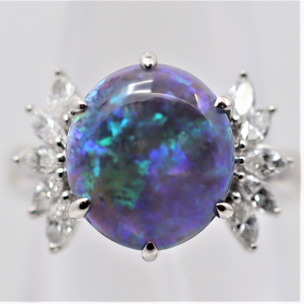 Australian Black Crystal Opal Diamond Platinum Ring