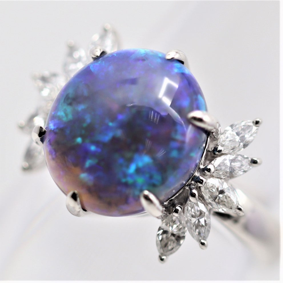 Australian Black Crystal Opal Diamond Platinum Ring