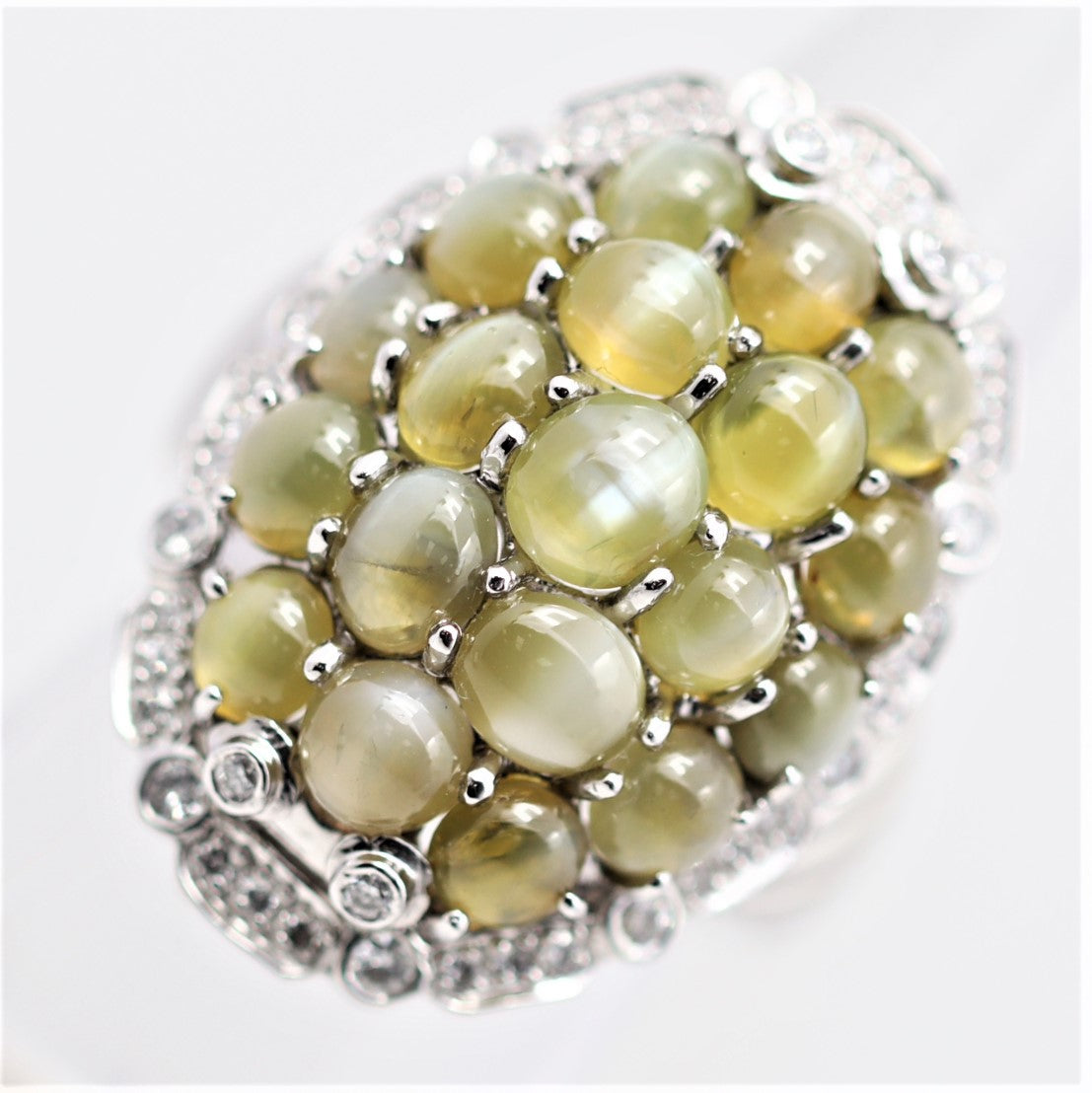 Cats Eye Chrysoberyl Cluster Diamond Platinum Cocktail Ring