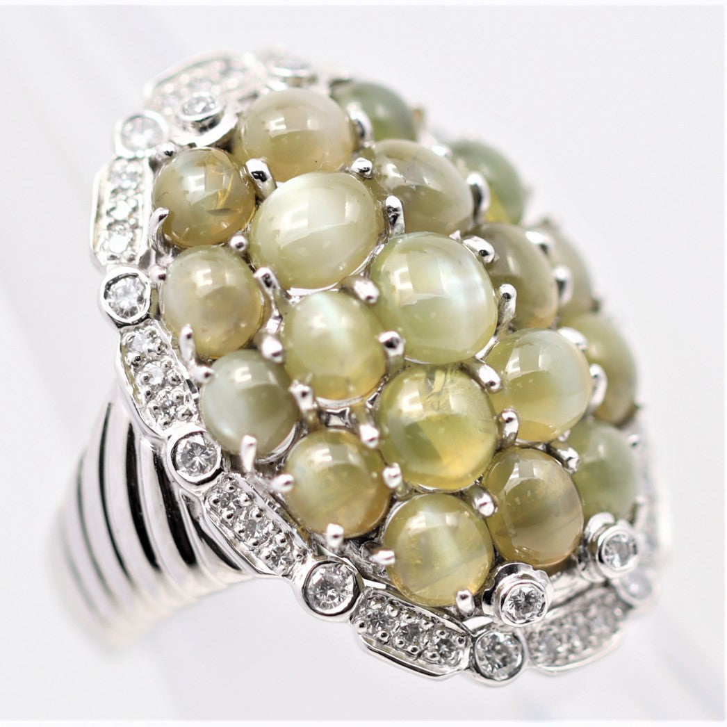 Cats Eye Chrysoberyl Cluster Diamond Platinum Cocktail Ring