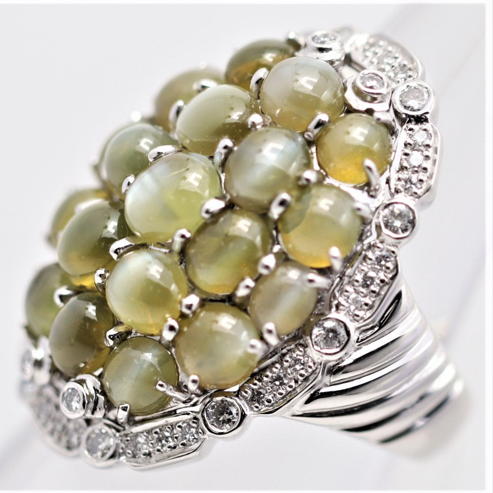 Cats Eye Chrysoberyl Cluster Diamond Platinum Cocktail Ring