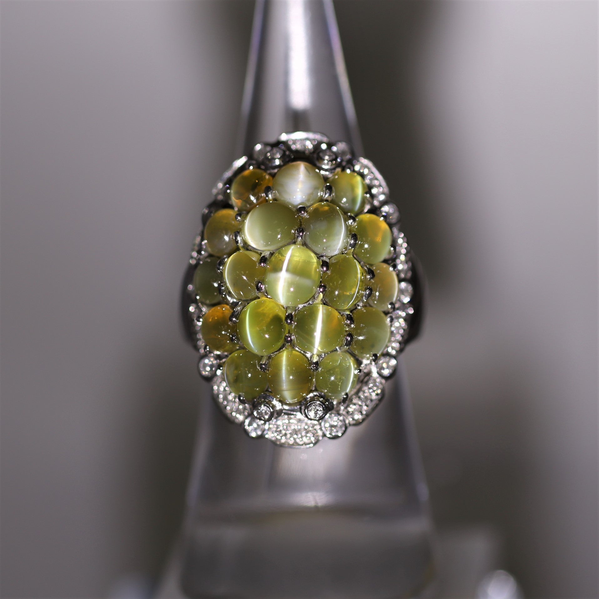 Cats Eye Chrysoberyl Cluster Diamond Platinum Cocktail Ring