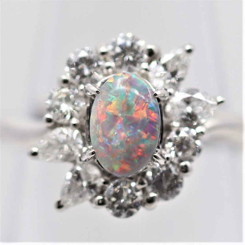 Gem Australian Black Opal Diamond Platinum Ring