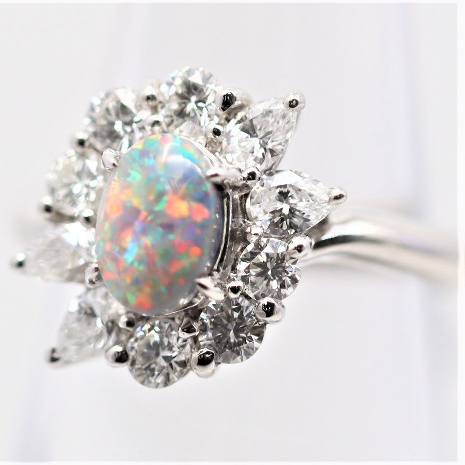 Gem Australian Black Opal Diamond Platinum Ring