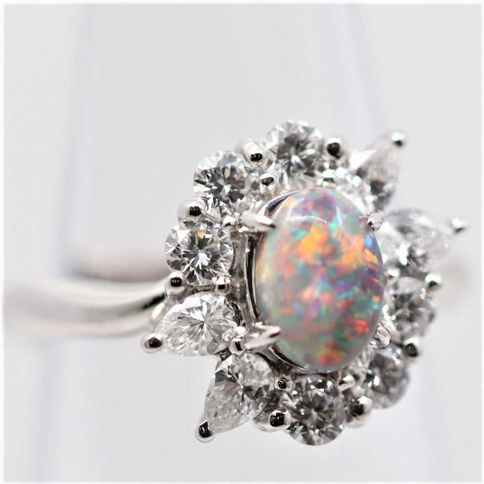 Gem Australian Black Opal Diamond Platinum Ring