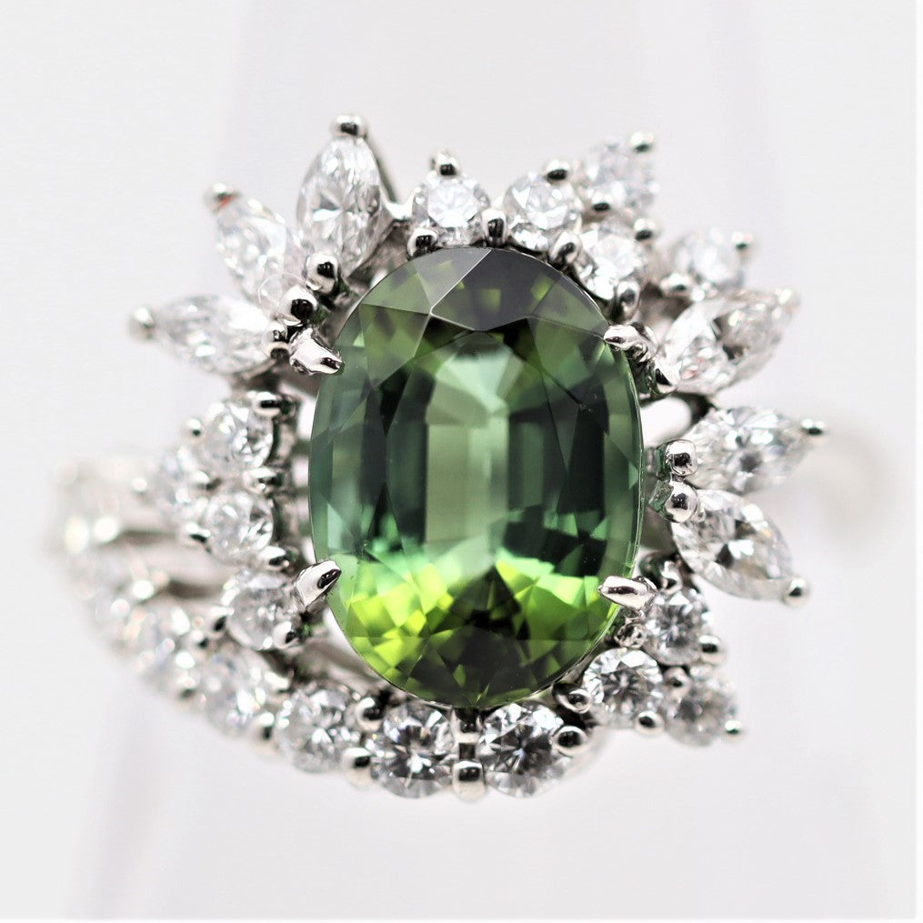 Green Tourmaline Diamond Sunburst Platinum Ring