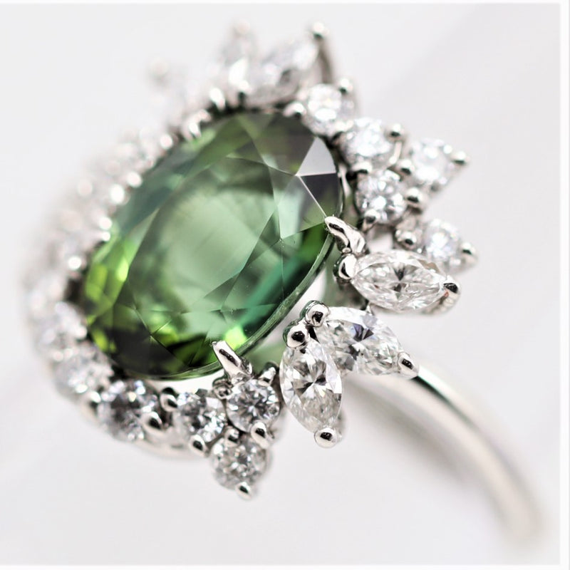 Green Tourmaline Diamond Sunburst Platinum Ring
