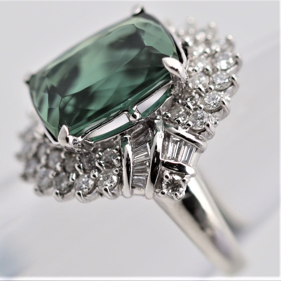 Blue-Green Indicolite Tourmaline Diamond Platinum Cocktail Ring